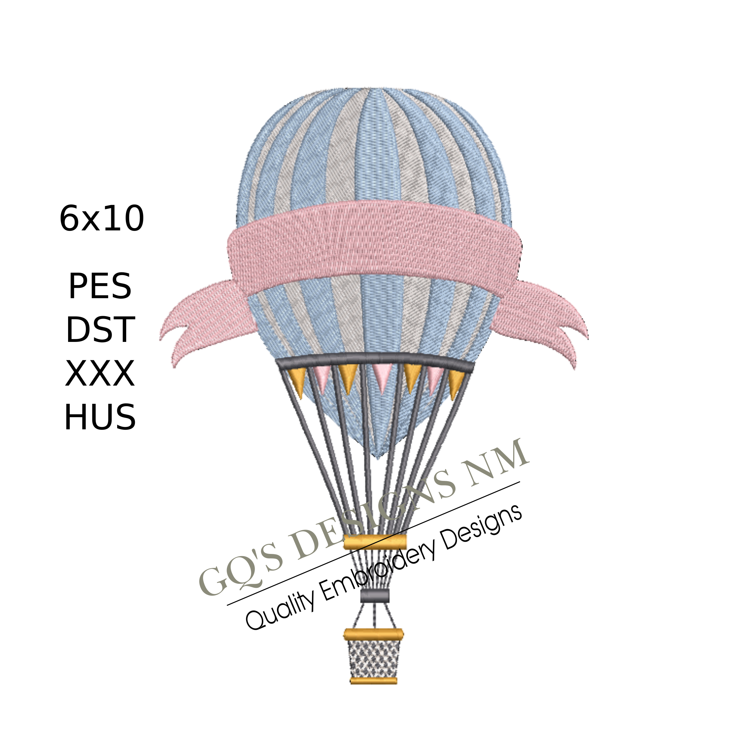 Cute pink and blue vintage hot air balloon design. For machine embroidery in pes, dst, xxx and hus machine formats. Instant Download. For 6x10 hoop.