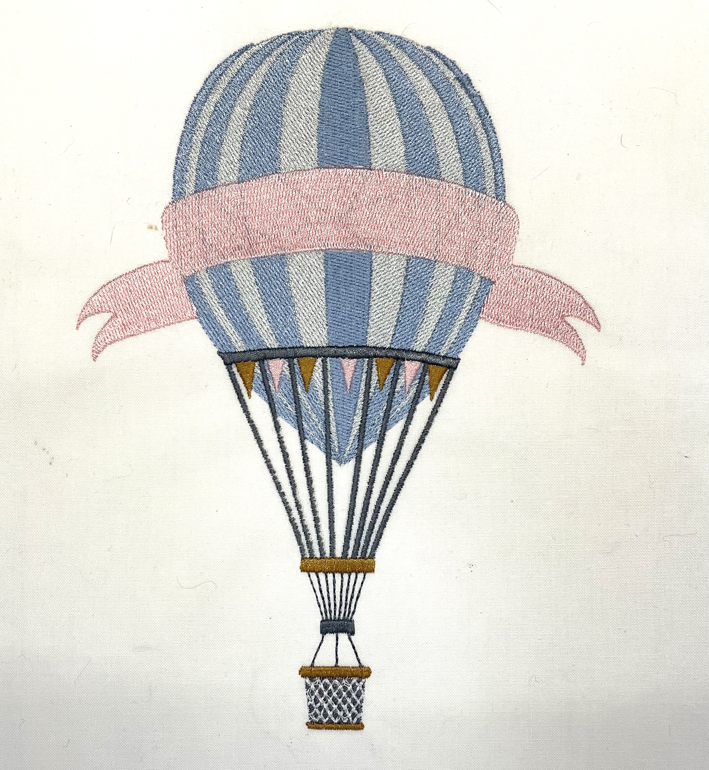 Cute pink and blue vintage hot air balloon design. For machine embroidery in pes, dst, xxx and hus machine formats. Instant Download. For 6x10 hoop.