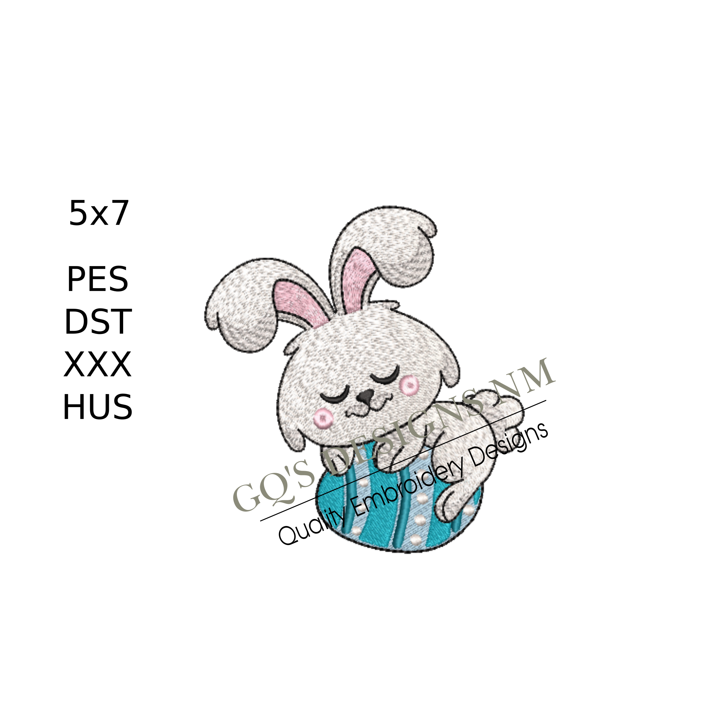 Easter bunny with decorated egg design for machine embroidery. In pes, dst, xxx and hus machine formats. Instant Download. For 5x7 hoop.