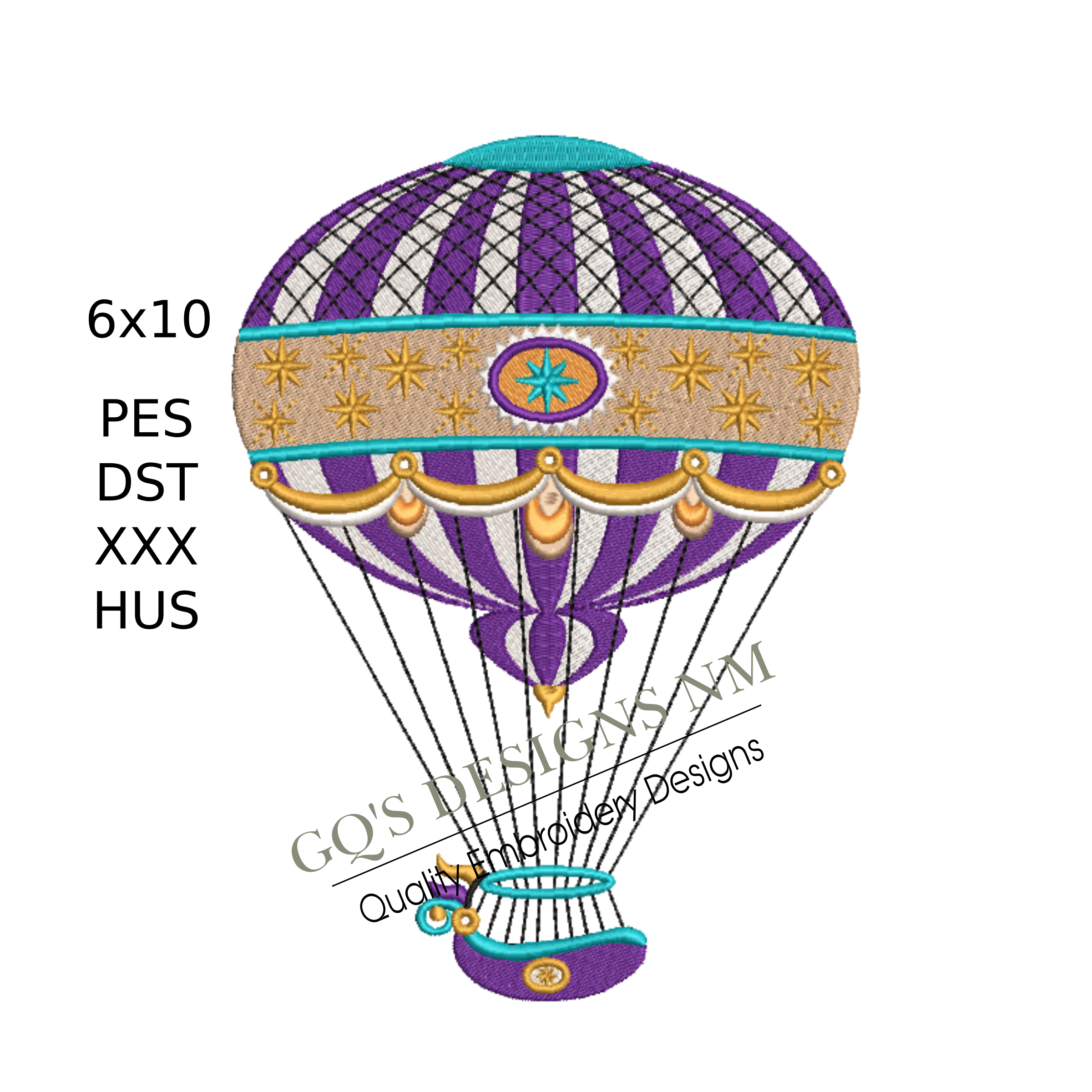 Elegant hot air balloon design. For machine embroidery in pes, dst, xxx and hus machine formats. Instant Download. For 6x10 hoop.