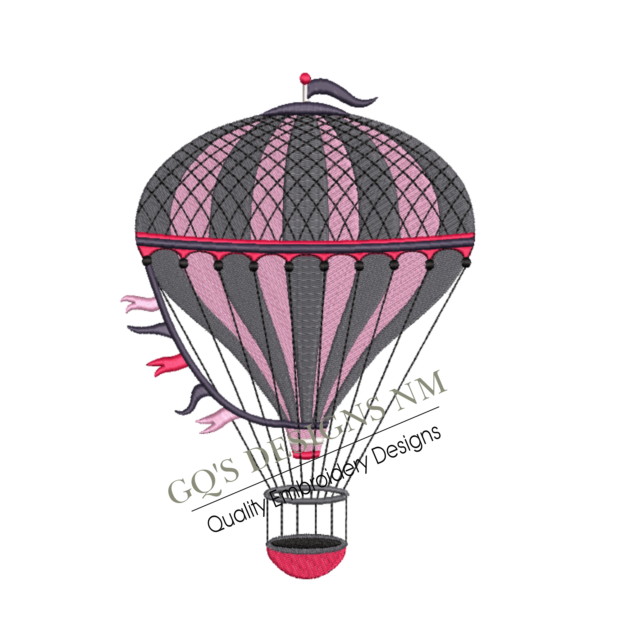 Fancy pink and gray vintage hot air balloon design. For machine embroidery in pes, dst, xxx and hus machine formats. Instant Download. For 6x10 hoop.