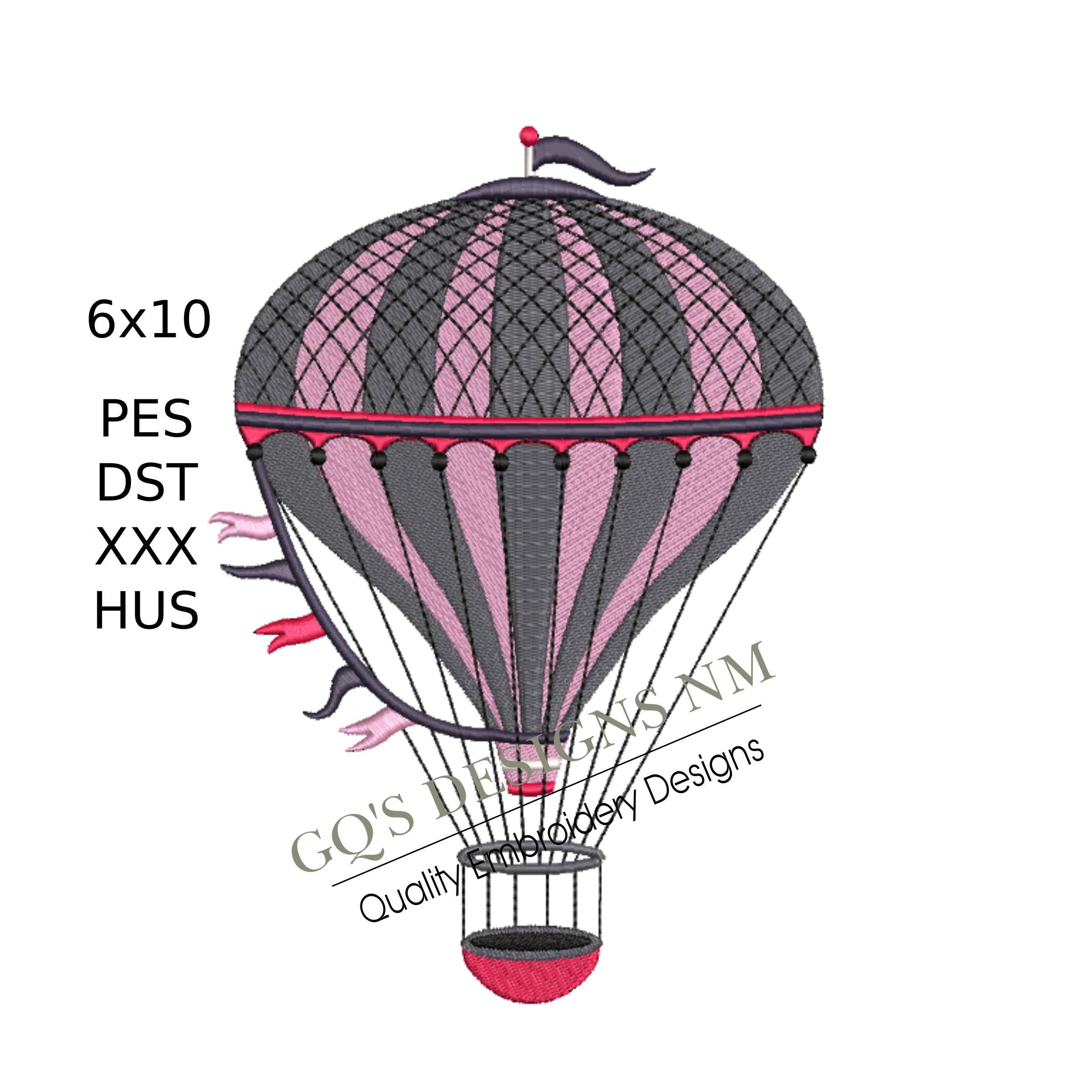 Fancy pink and gray vintage hot air balloon design. For machine embroidery in pes, dst, xxx and hus machine formats. Instant Download. For 6x10 hoop.