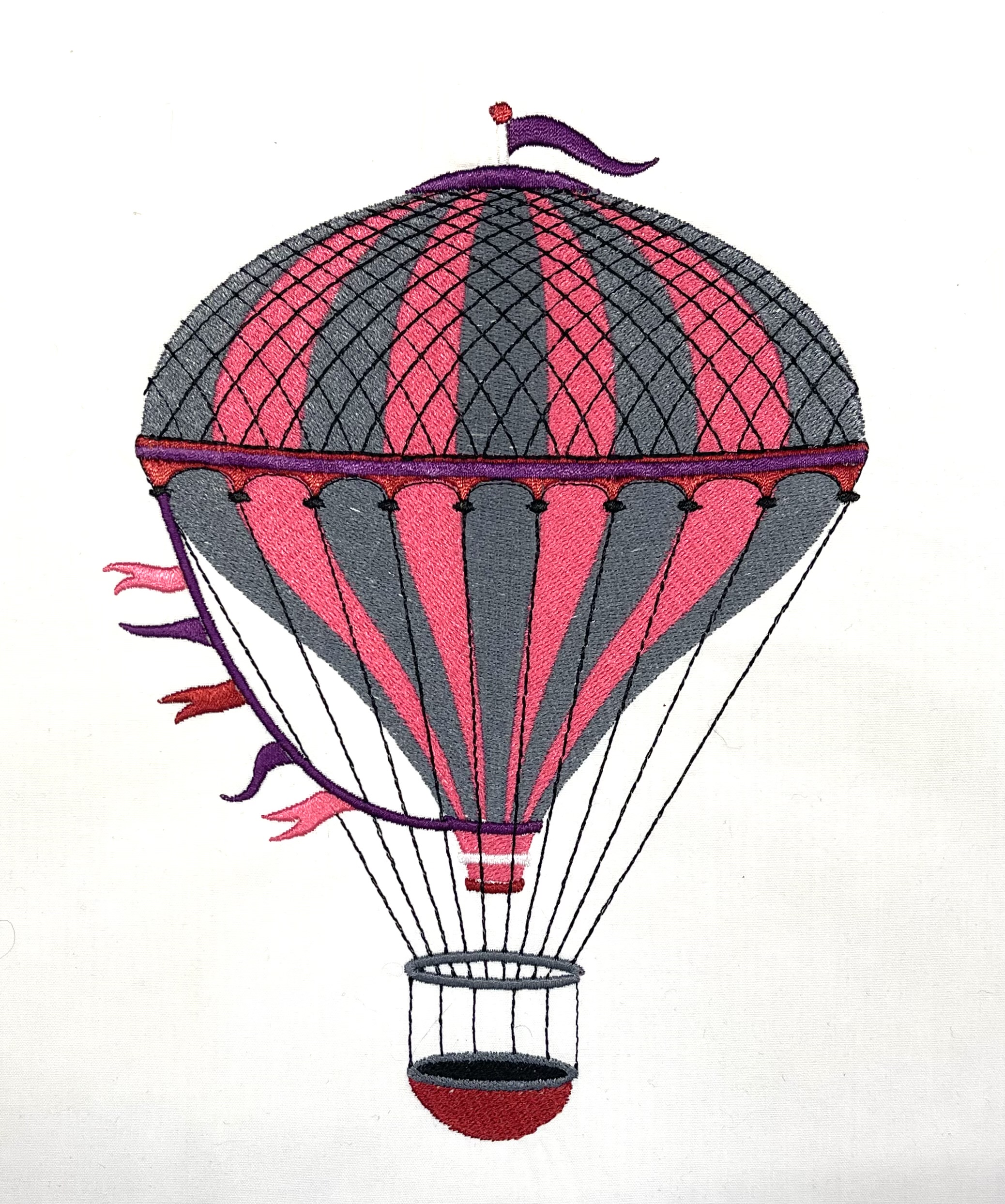 Fancy pink and gray vintage hot air balloon design. For machine embroidery in pes, dst, xxx and hus machine formats. Instant Download. For 6x10 hoop.