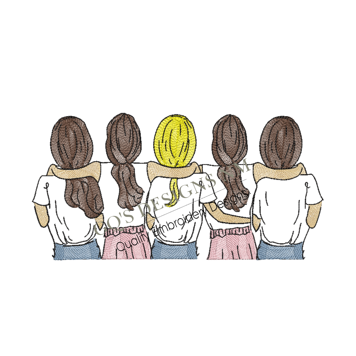 Best Friends with Ponytails Embroidery Design – 5 Girls, 6x10 Hoop, Instant Download