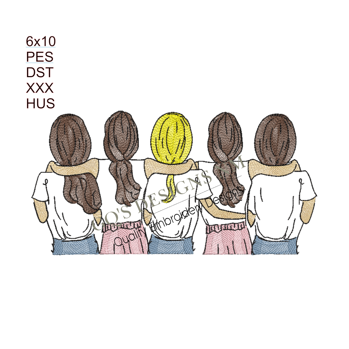 Best Friends with Ponytails Embroidery Design – 5 Girls, 6x10 Hoop, Instant Download