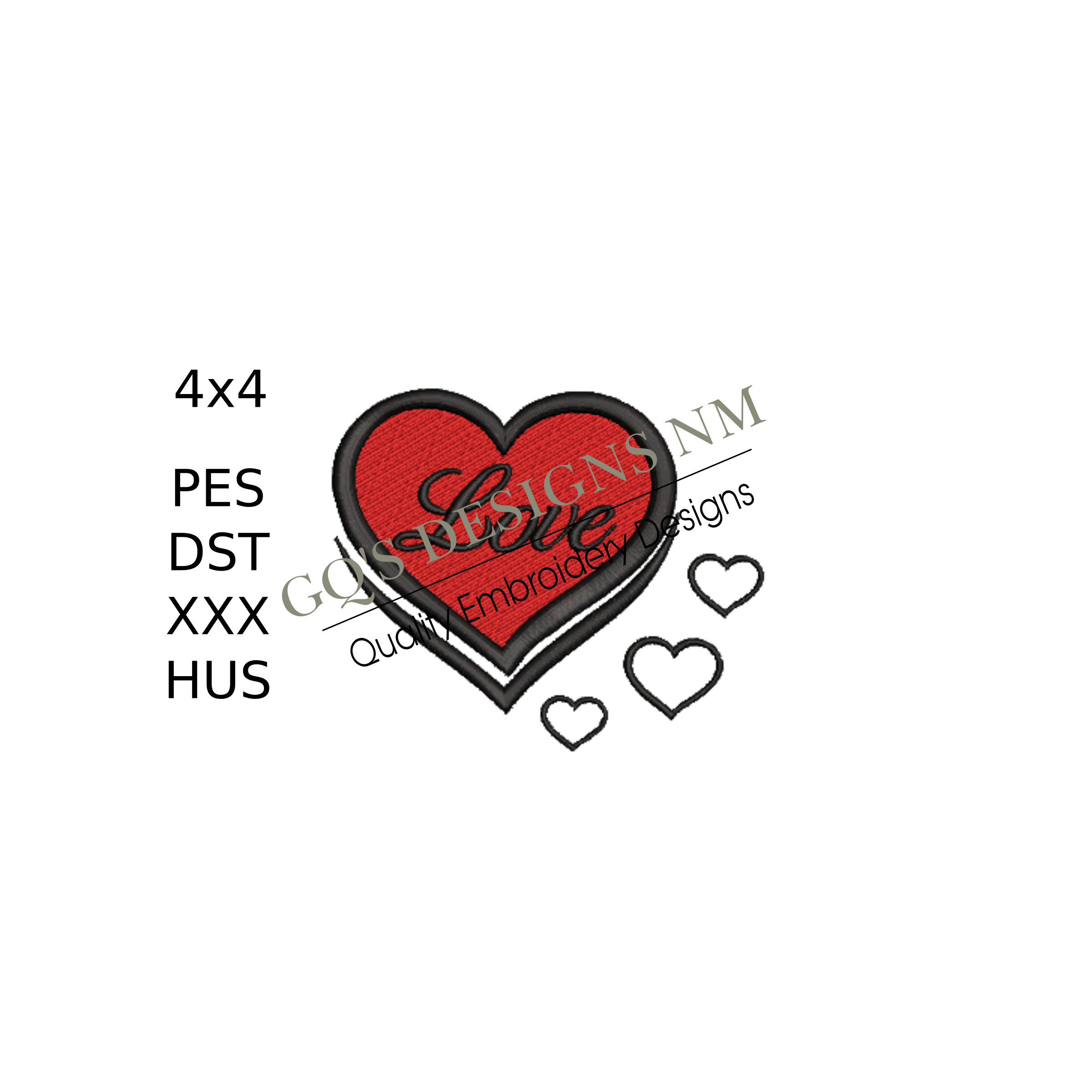 Four hearts with love for machine embroidery. In pes, dst, xxx and hus machine formats. Instant Download. For 4x4 hoop.