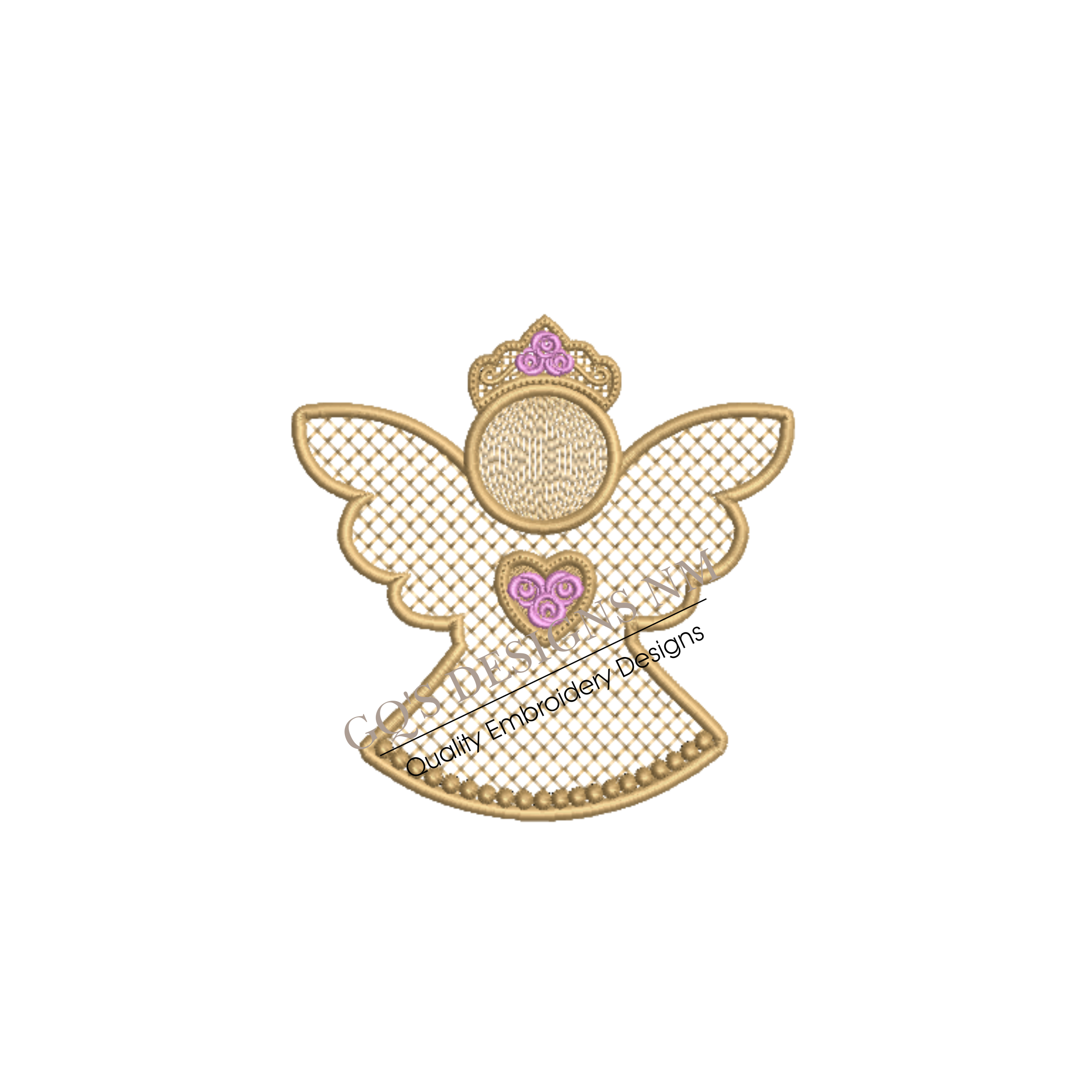 Gold princess angel design with pink roses. For machine embroidery in pes, dst, xxx and hus machine formats. Instant Download. For 5x7 hoop.