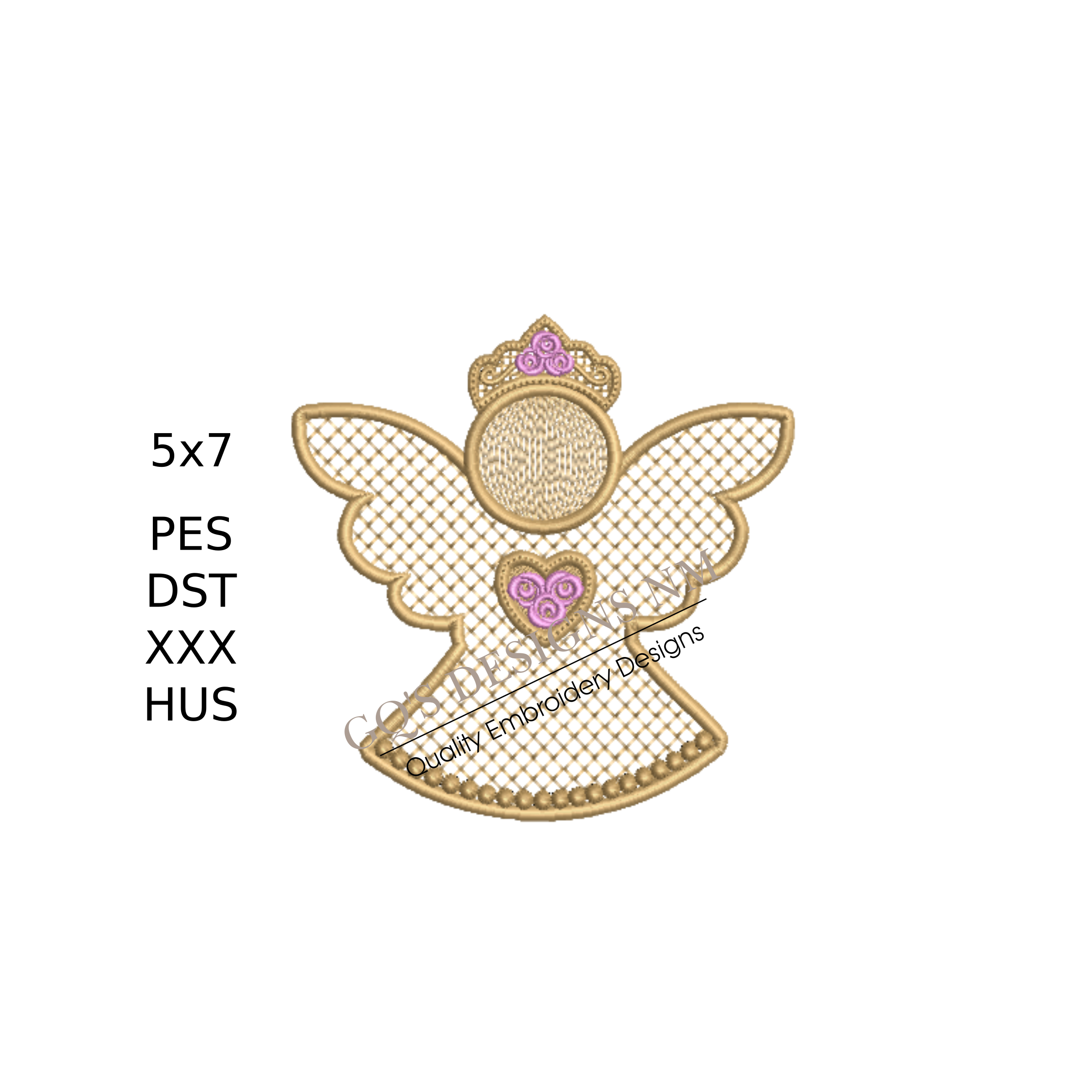 Gold princess angel design with pink roses. For machine embroidery in pes, dst, xxx and hus machine formats. Instant Download. For 5x7 hoop.