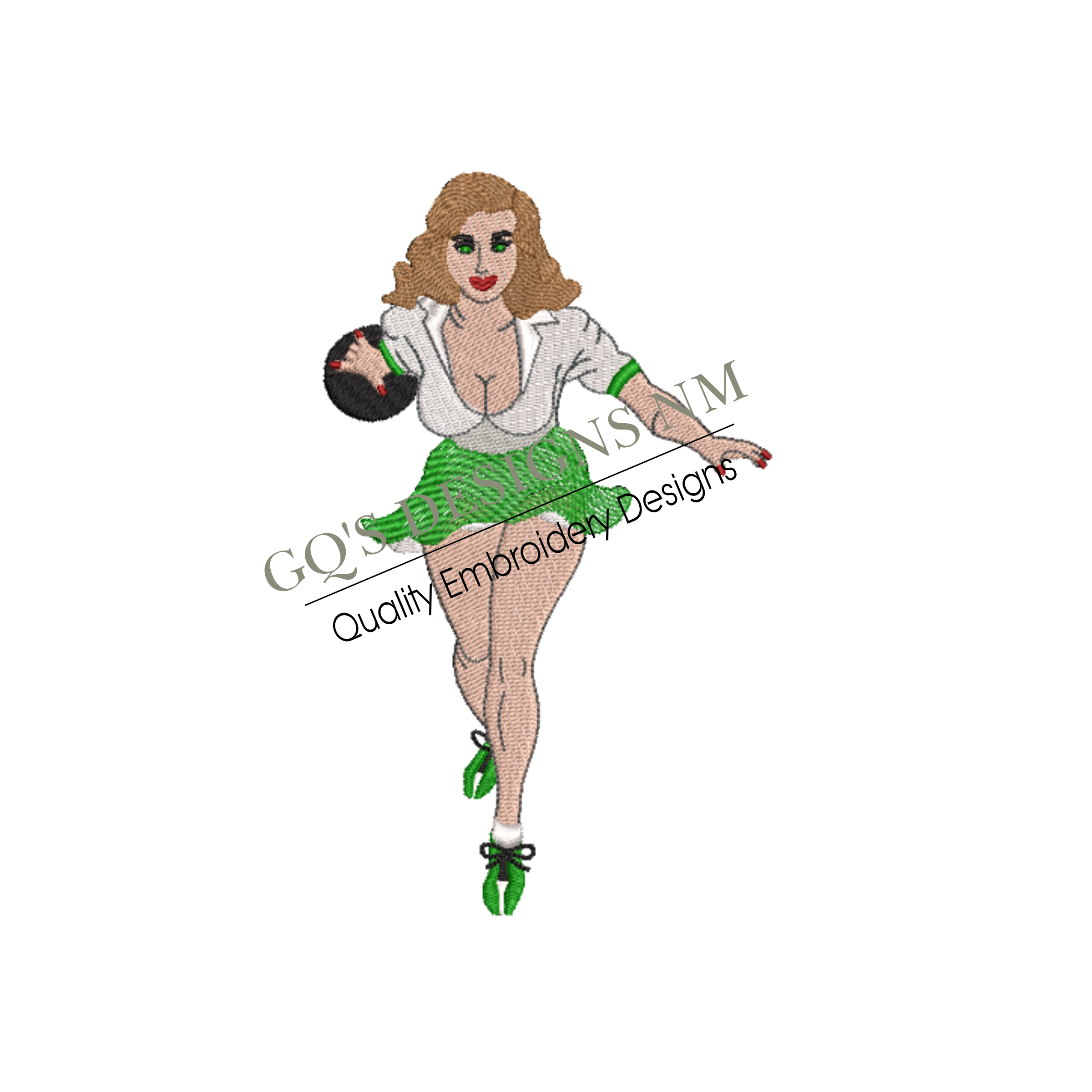 Lady bowler design for machine embroidery. In pes, dst, xxx and hus machine formats. Instant Download. For 5x7 hoop.