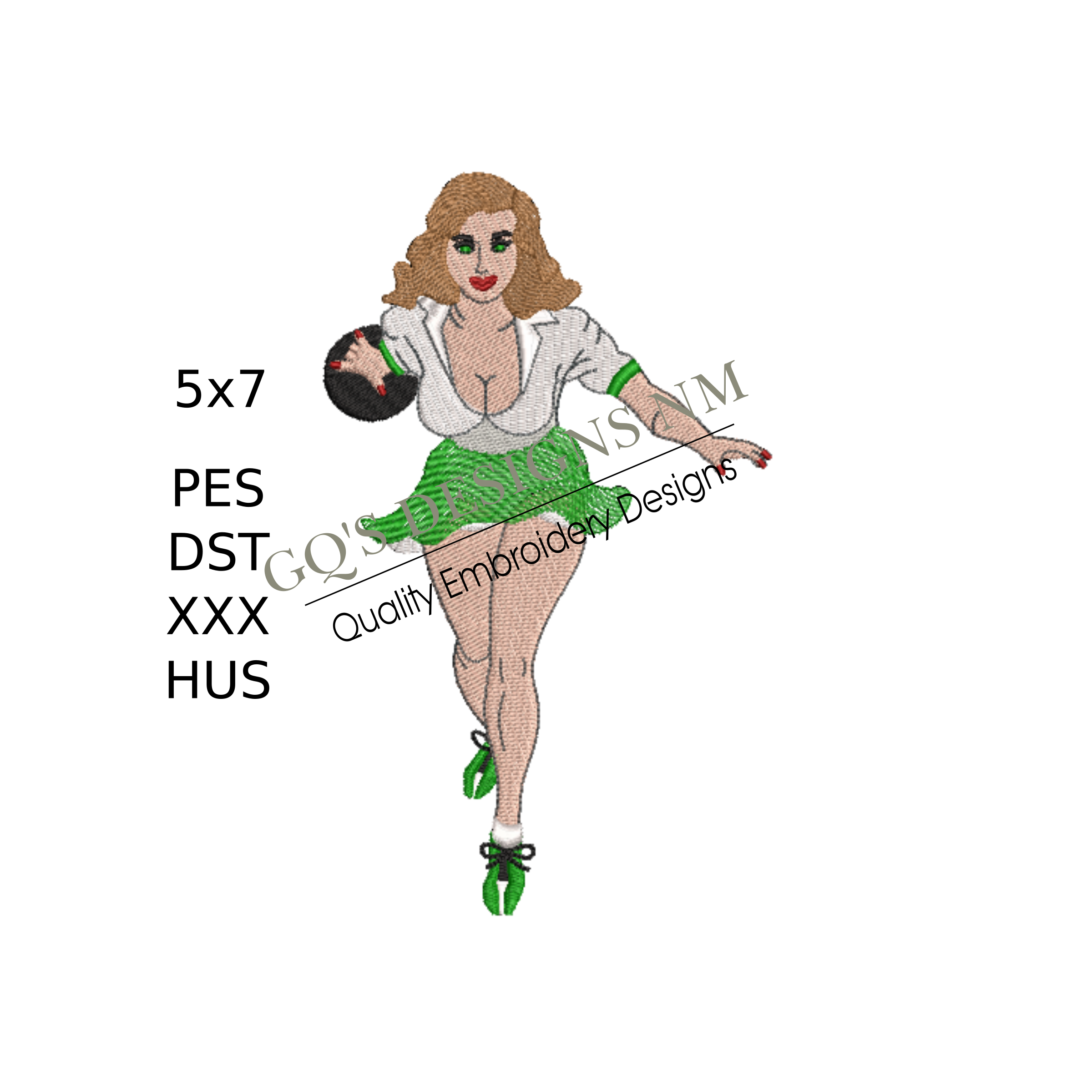 Lady bowler design for machine embroidery. In pes, dst, xxx and hus machine formats. Instant Download. For 5x7 hoop.