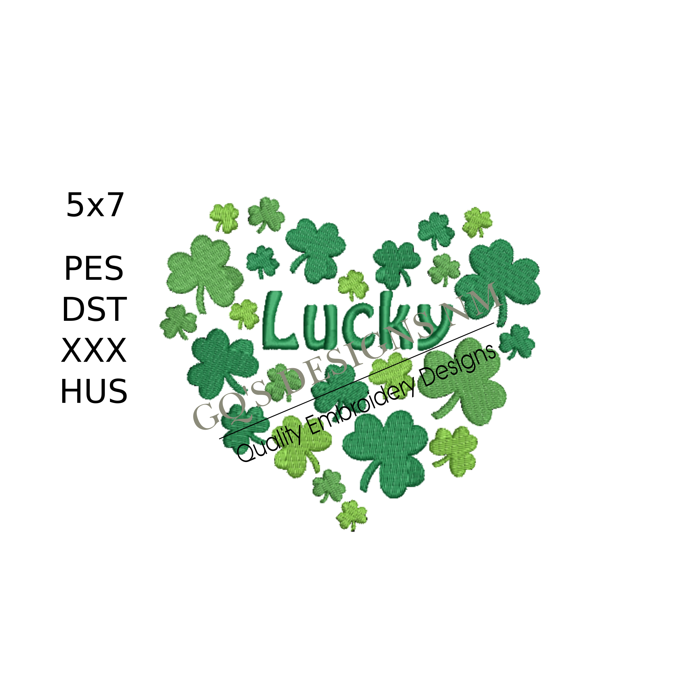 Lucky shamrock heart design for machine embroidery. In pes, dst, xxx and hus machine formats. Instant Download. For 5x7 hoop.