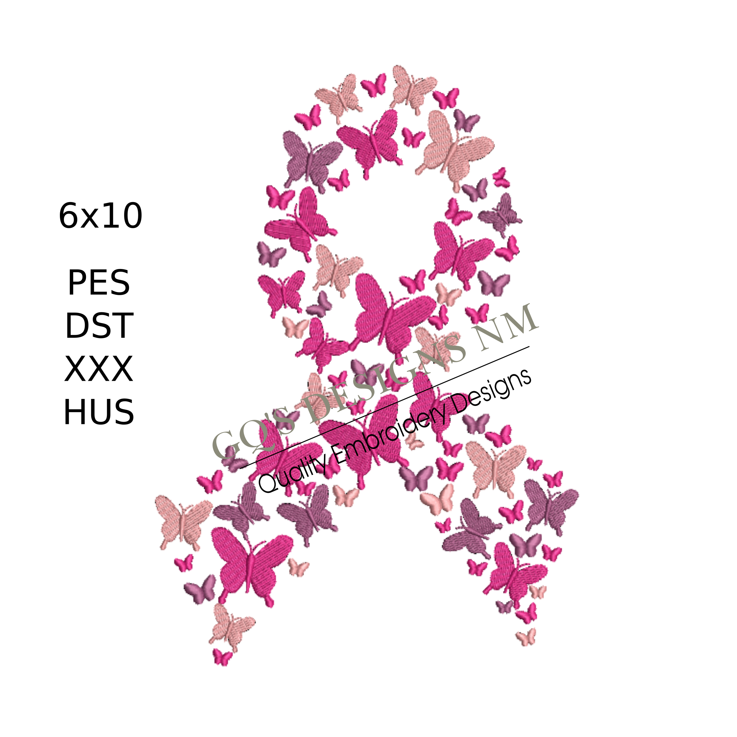 Pink Butterfly Breast Cancer ribbon design for machine embroidery. In pes, dst, xxx and hus machine formats. Instant Download. For 6x10 hoop.