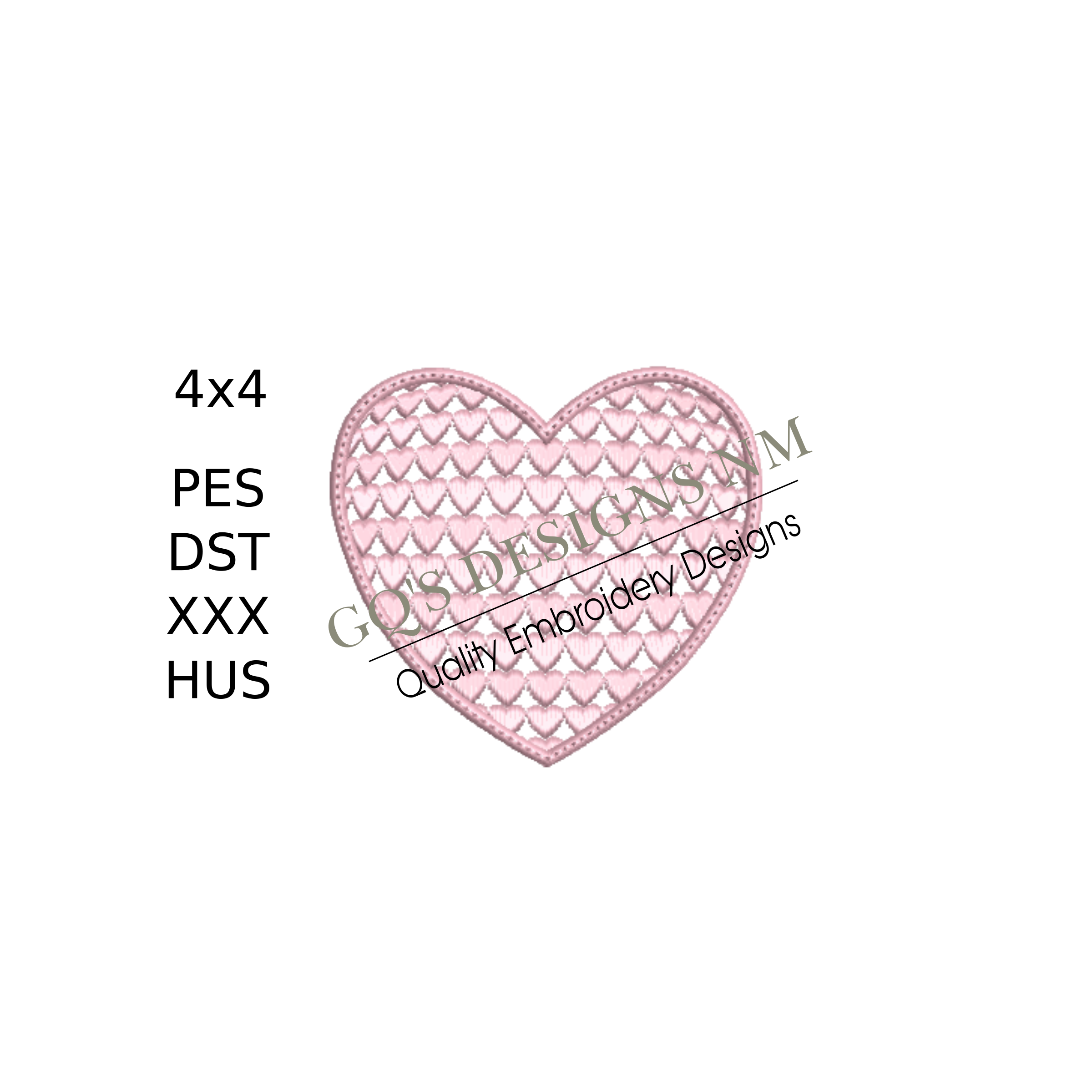 Pink heart with heart motif design for machine embroidery. In pes, dst, xxx and hus machine formats. Instant Download. For 4x4 Hoop.