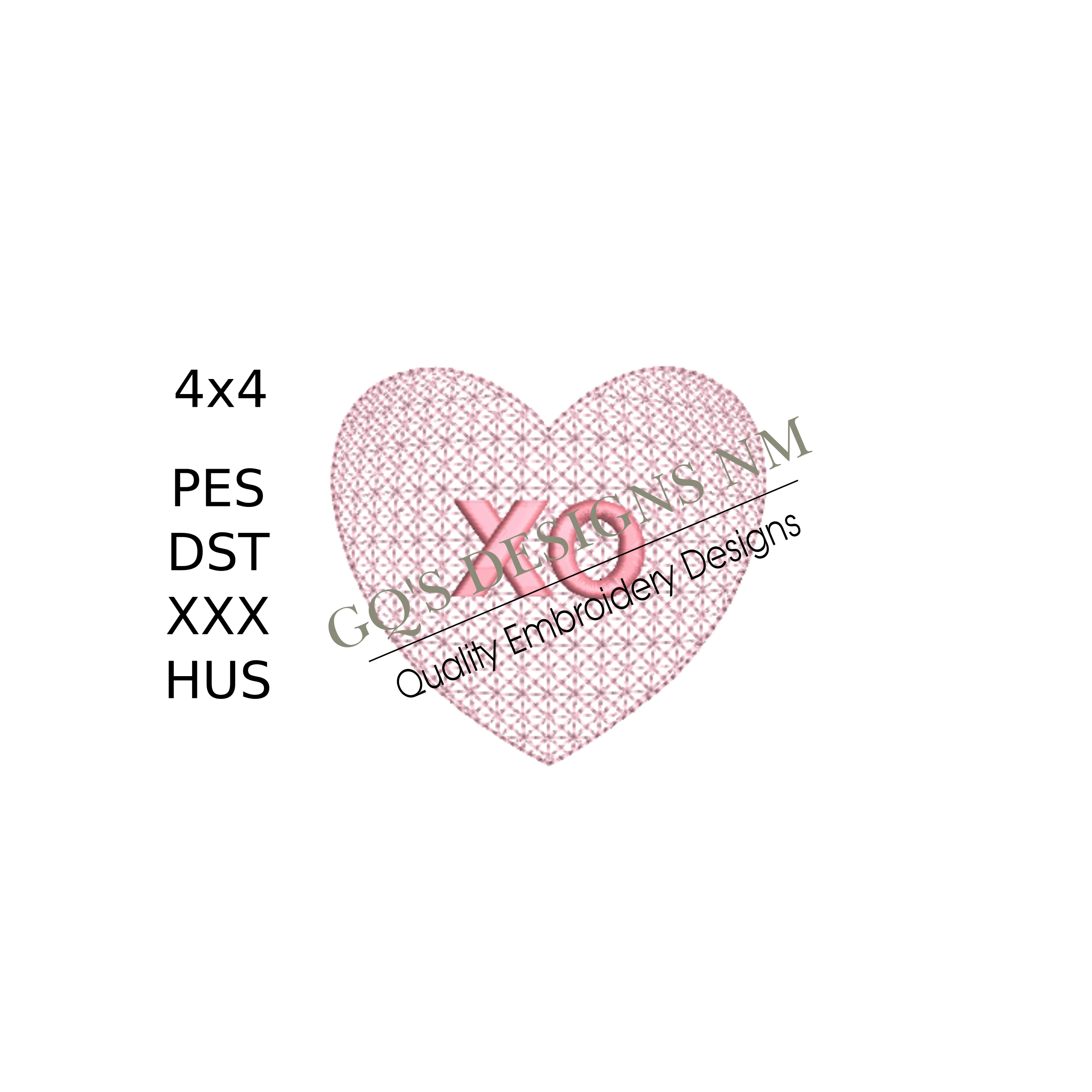 Pink XO Heart design for machine embroidery. In pes, dst, xxx and hus machine formats. Instant Download. For 4x4 hoop.