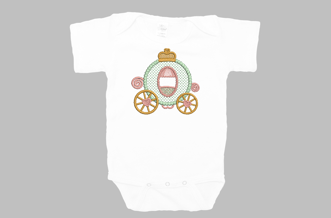 Princess carriage design for machine embroidery. In pes, dst, xxx and hus machine formats. Instant Download. For 5x7 hoop.