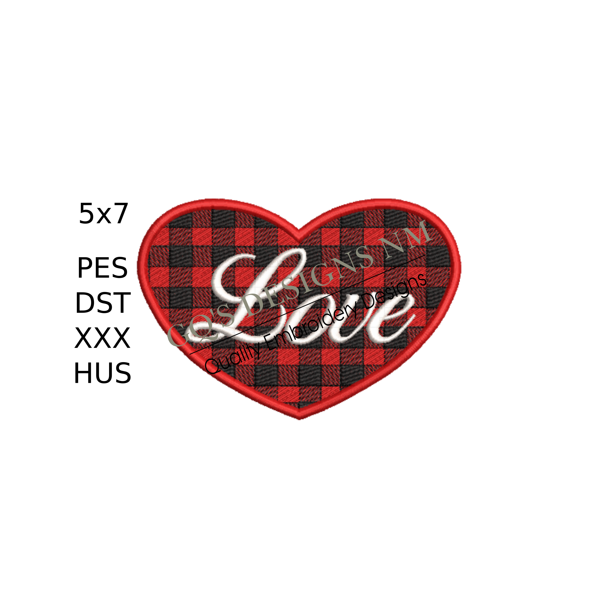Red buffalo check heart with love design. For machine embroidery in pes, dst, xxx and hus machine formats. Instant Download. For 5x7 hoop.