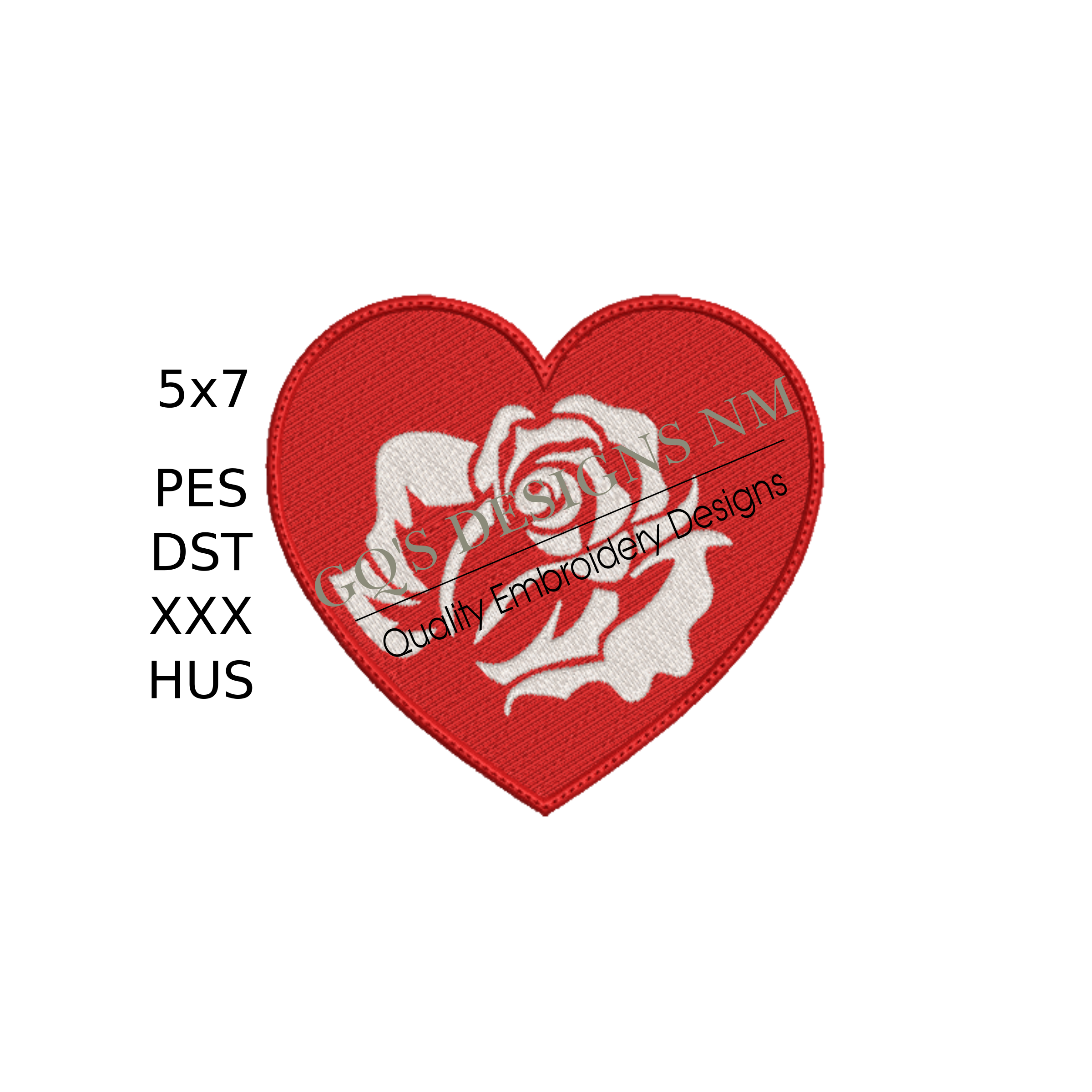 Red heart with white rose design for machine embroidery. In pes, dst, xxx and hus machine formats. Instant Download. For 5x7 hoop.