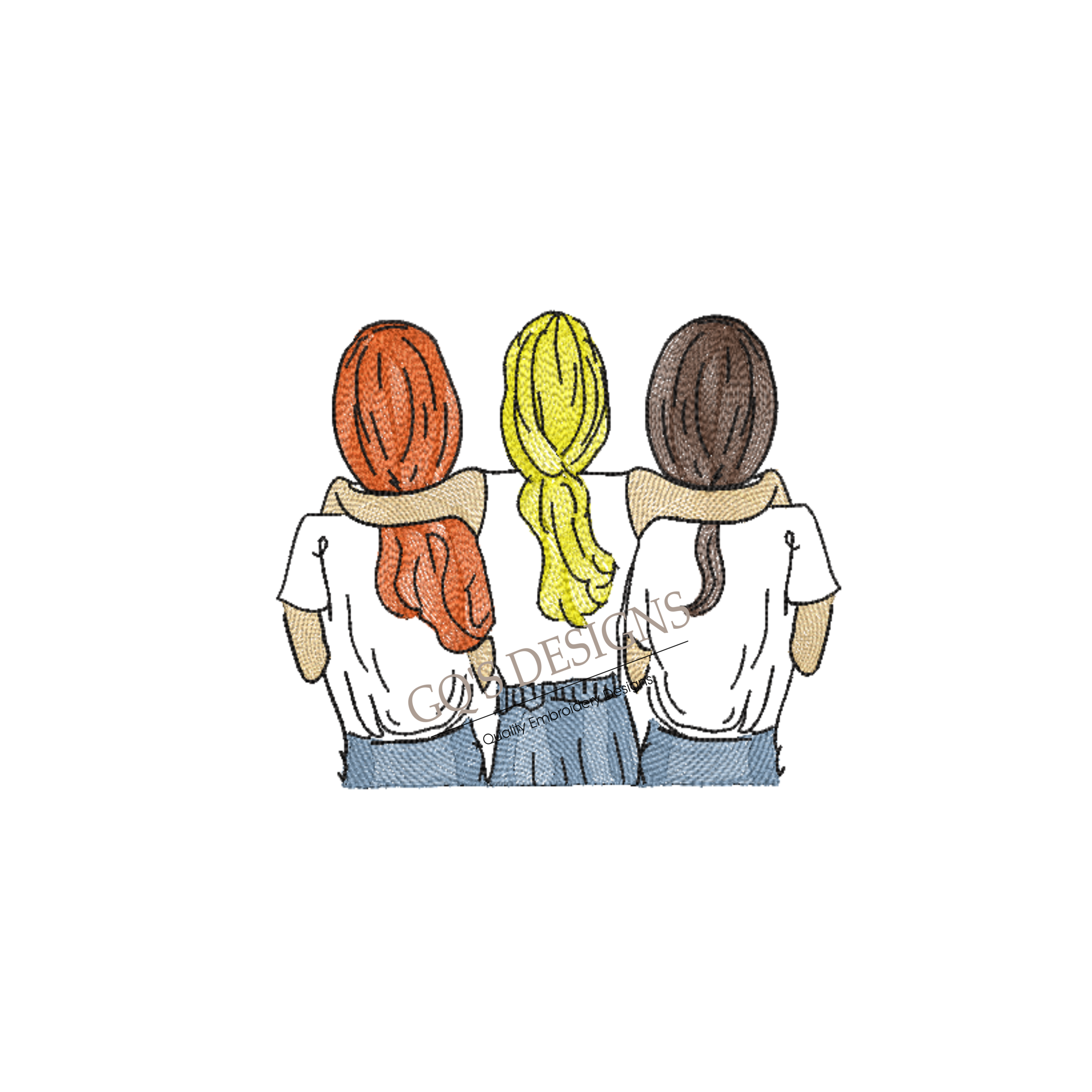 Best Friends with Ponytails Embroidery Design – 3 Girls, 6x10 Hoop, Instant Download