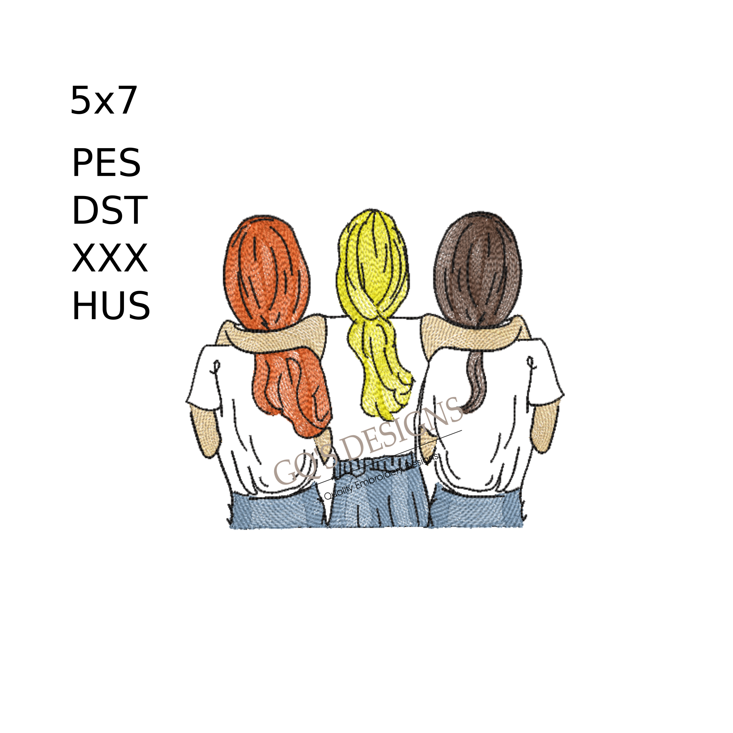 Best Friends with Ponytails Embroidery Design – 3 Girls, 6x10 Hoop, Instant Download