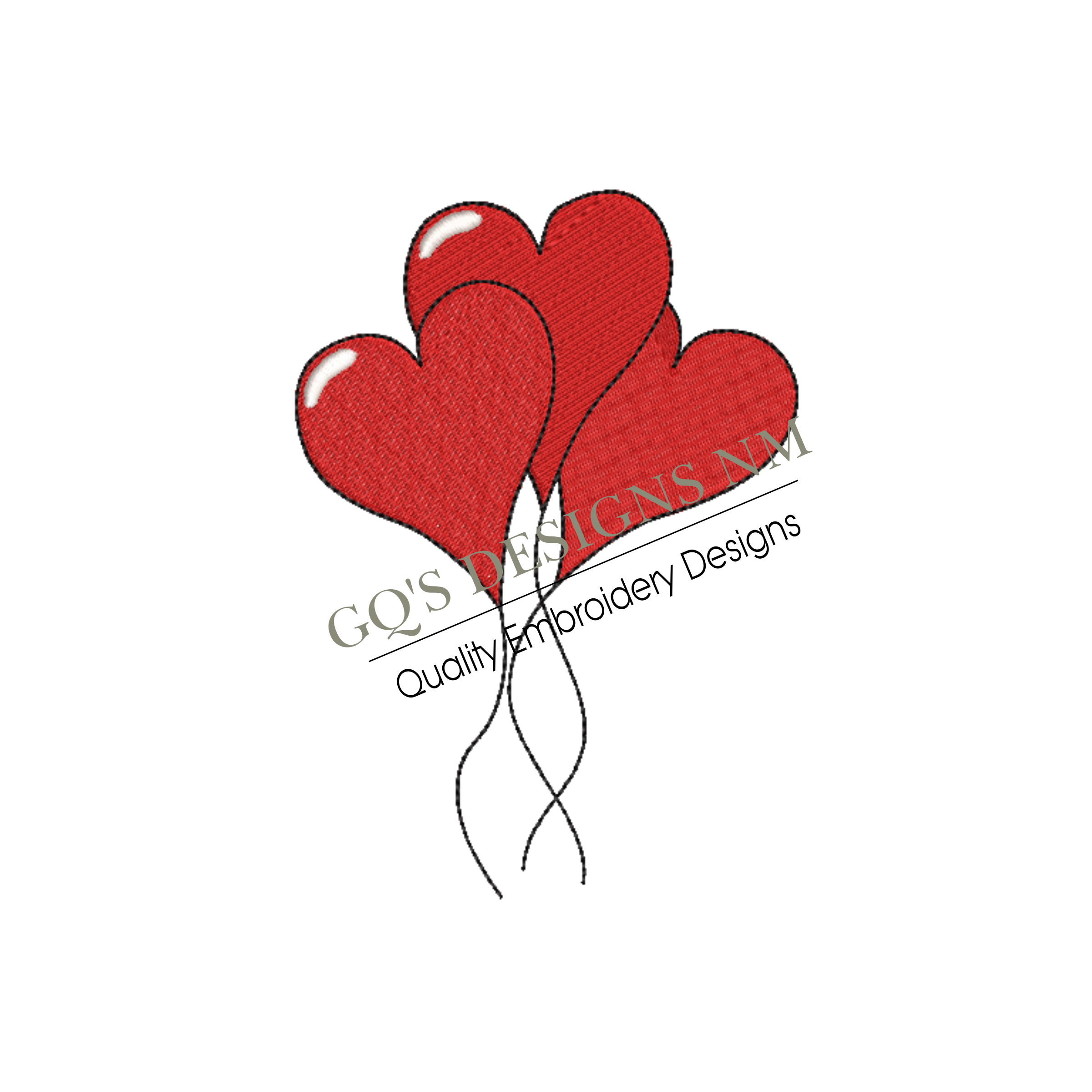 Three red heart balloons design for machine embroidery. In pes, dst, xxx and hus machine formats. Instant Download. For 5x7 hoop.