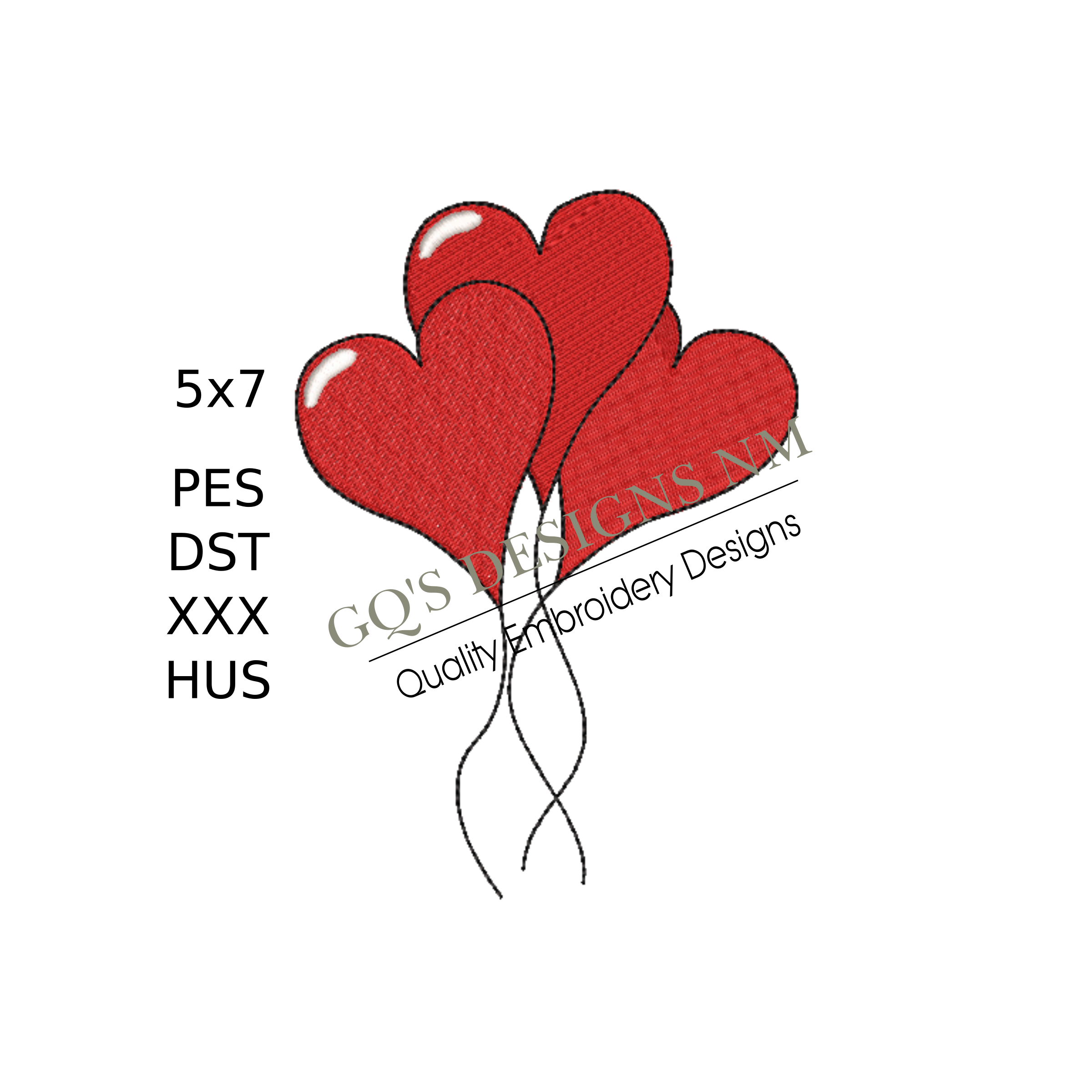 Three red heart balloons design for machine embroidery. In pes, dst, xxx and hus machine formats. Instant Download. For 5x7 hoop.