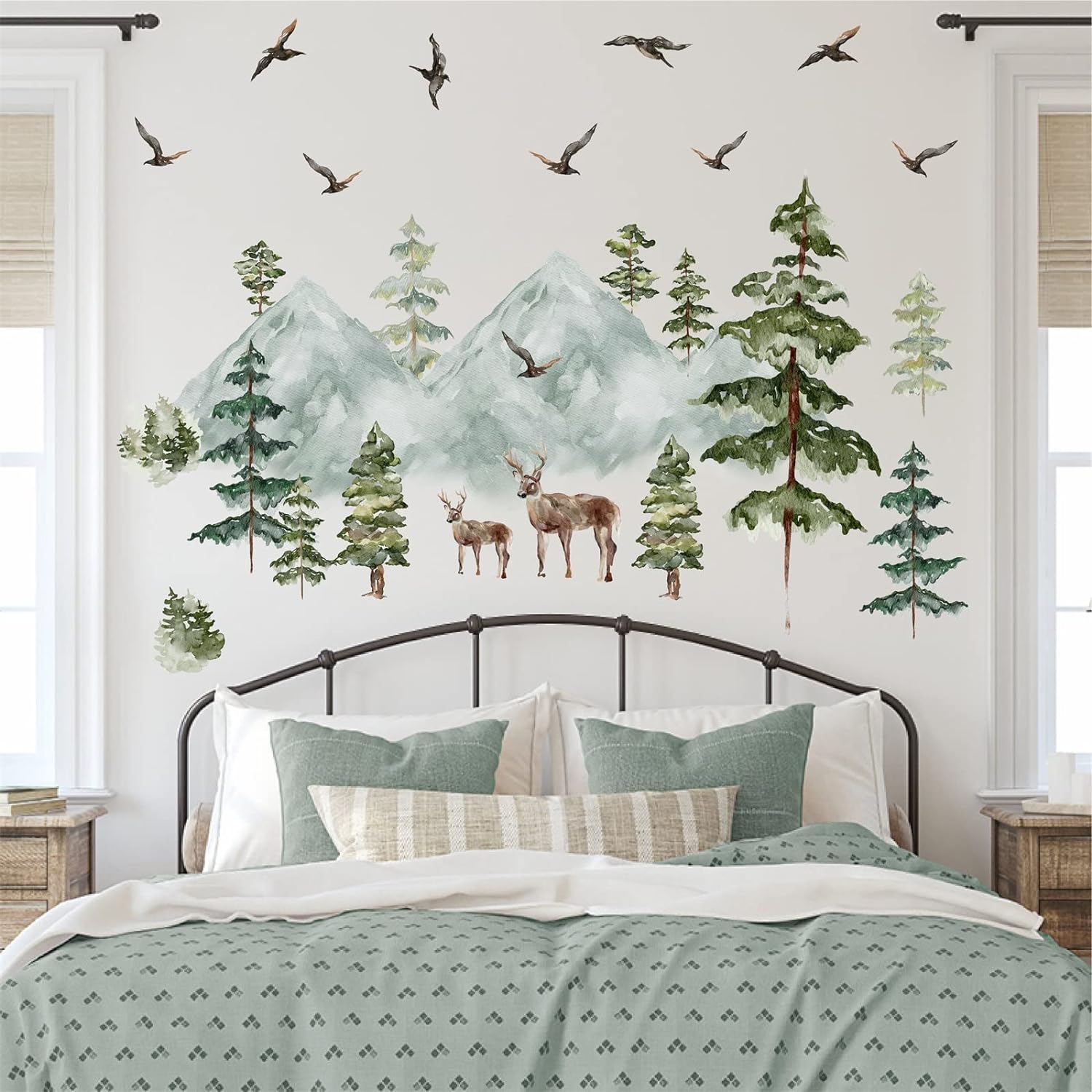 Mountain Wall Decals Large Pine Tree Wall Decals Peel and Stick Forest Tree Deer Birds Animal Wall Decals Mountain Tree Wall Stickers for Kids Room Nursery Decor