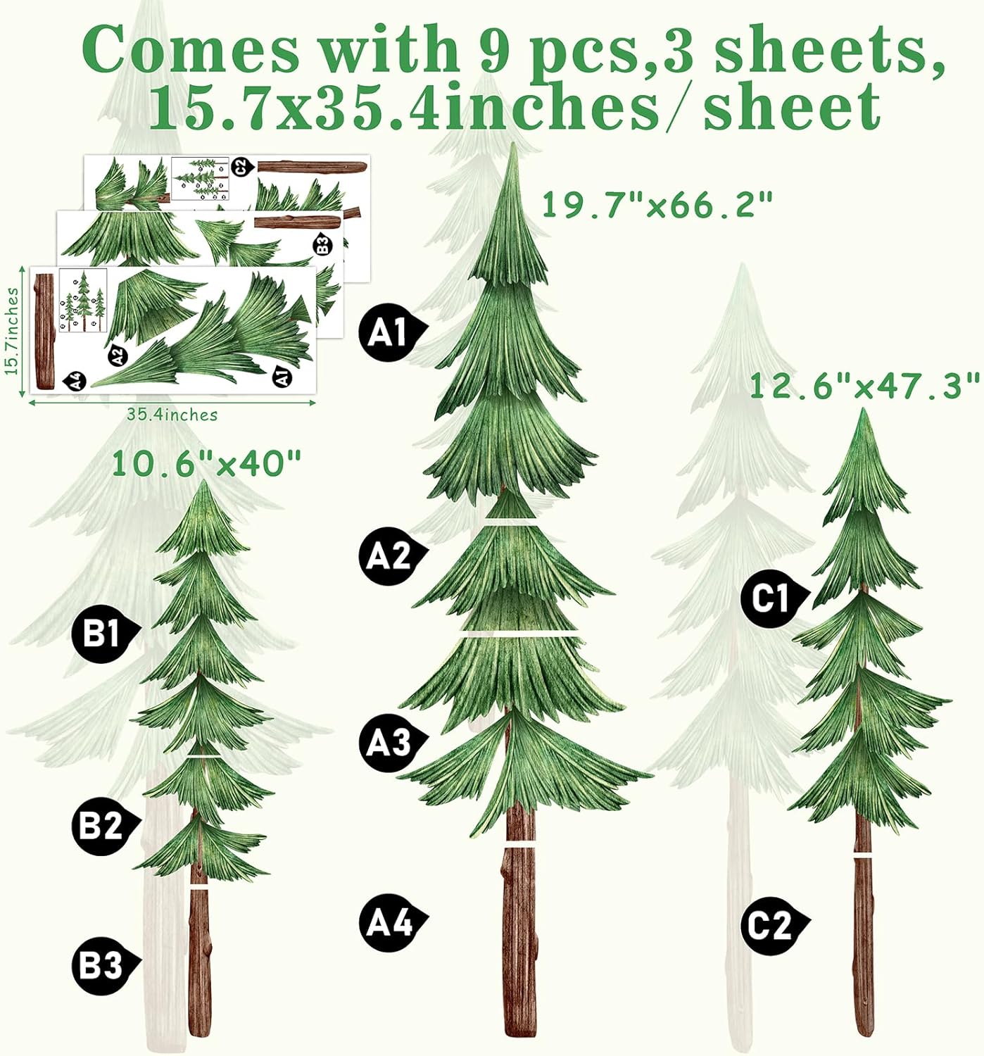 Mountain Wall Decals Large Pine Tree Wall Decals Peel and Stick Forest Tree Deer Birds Animal Wall Decals Mountain Tree Wall Stickers for Kids Room Nursery Decor