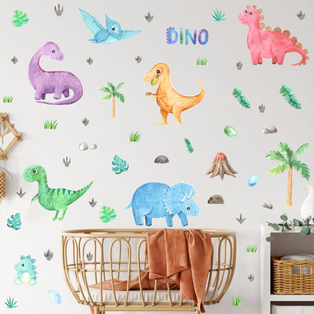 Watercolor Dinosaur Wall Decals - Colorful Dino with Tropic Plant Wall Stickers for Kids Gifts - Vinyl Natural Animal Wall Decals for Toddler Bedroom Playroom Decor