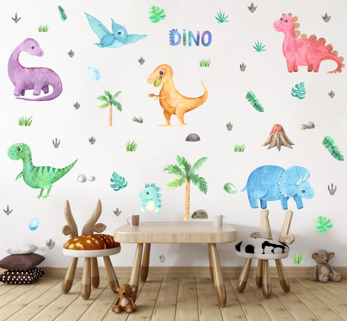 Watercolor Dinosaur Wall Decals - Colorful Dino with Tropic Plant Wall Stickers for Kids Gifts - Vinyl Natural Animal Wall Decals for Toddler Bedroom Playroom Decor