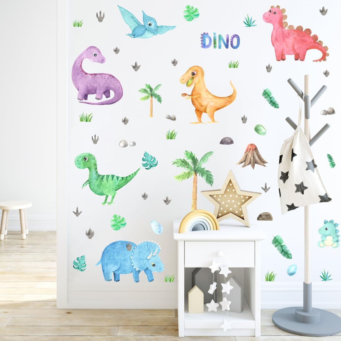 Watercolor Dinosaur Wall Decals - Colorful Dino with Tropic Plant Wall Stickers for Kids Gifts - Vinyl Natural Animal Wall Decals for Toddler Bedroom Playroom Decor