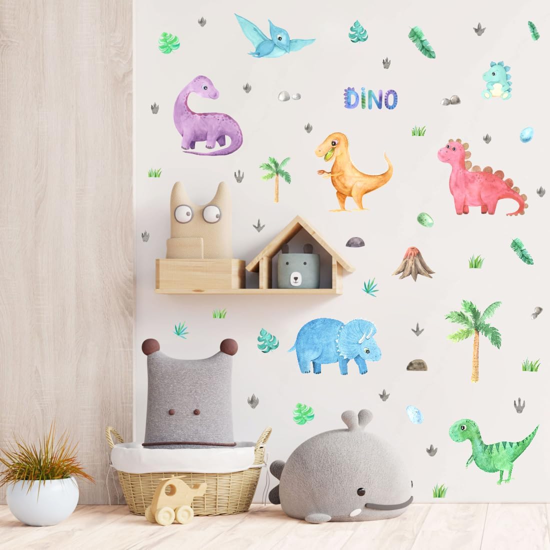 Watercolor Dinosaur Wall Decals - Colorful Dino with Tropic Plant Wall Stickers for Kids Gifts - Vinyl Natural Animal Wall Decals for Toddler Bedroom Playroom Decor