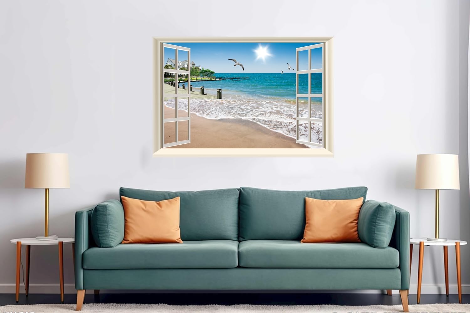 Fake Window Wall Beach Art Wall Decor Seascape Window Wall Murals Sticker Natural Scenery Decal Sand Beach Window Wall Decals for Living Room Stick and Peel,16"x24"