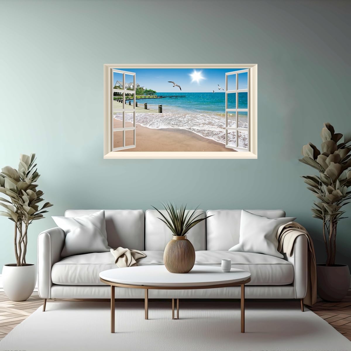 Fake Window Wall Beach Art Wall Decor Seascape Window Wall Murals Sticker Natural Scenery Decal Sand Beach Window Wall Decals for Living Room Stick and Peel,16"x24"