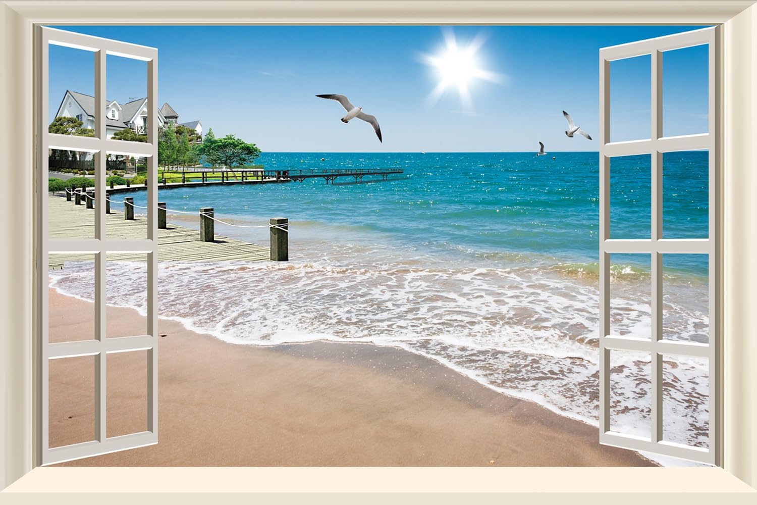 Fake Window Wall Beach Art Wall Decor Seascape Window Wall Murals Sticker Natural Scenery Decal Sand Beach Window Wall Decals for Living Room Stick and Peel,16"x24"