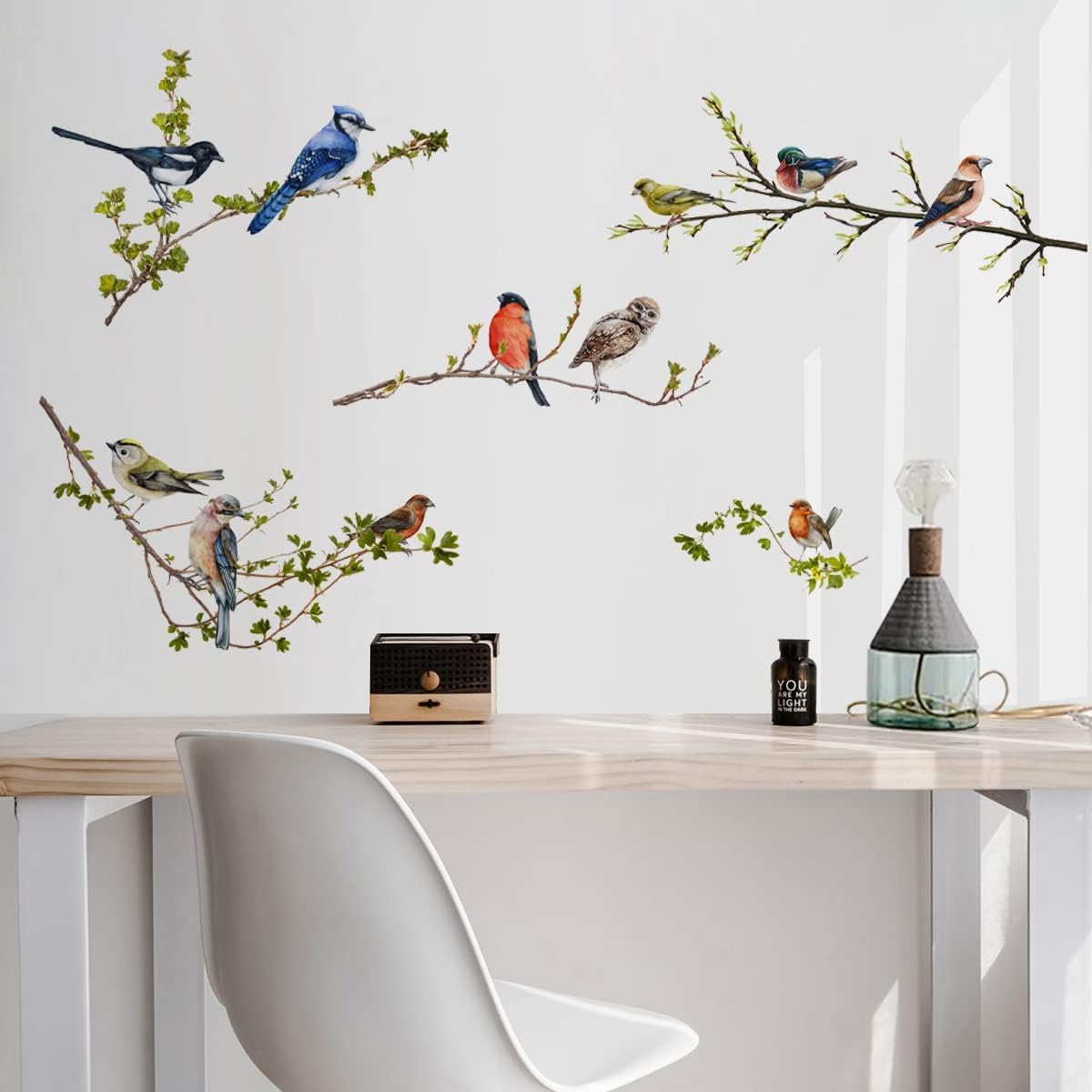 Hummingbird on The Tree Branch Wall Decal Green Leaf and Flying Bird Wall Sticker DIY Art Vinyl Wall Decal Decoration for Garden Living Room Bedroom Kitchen Playroom Nursery Room