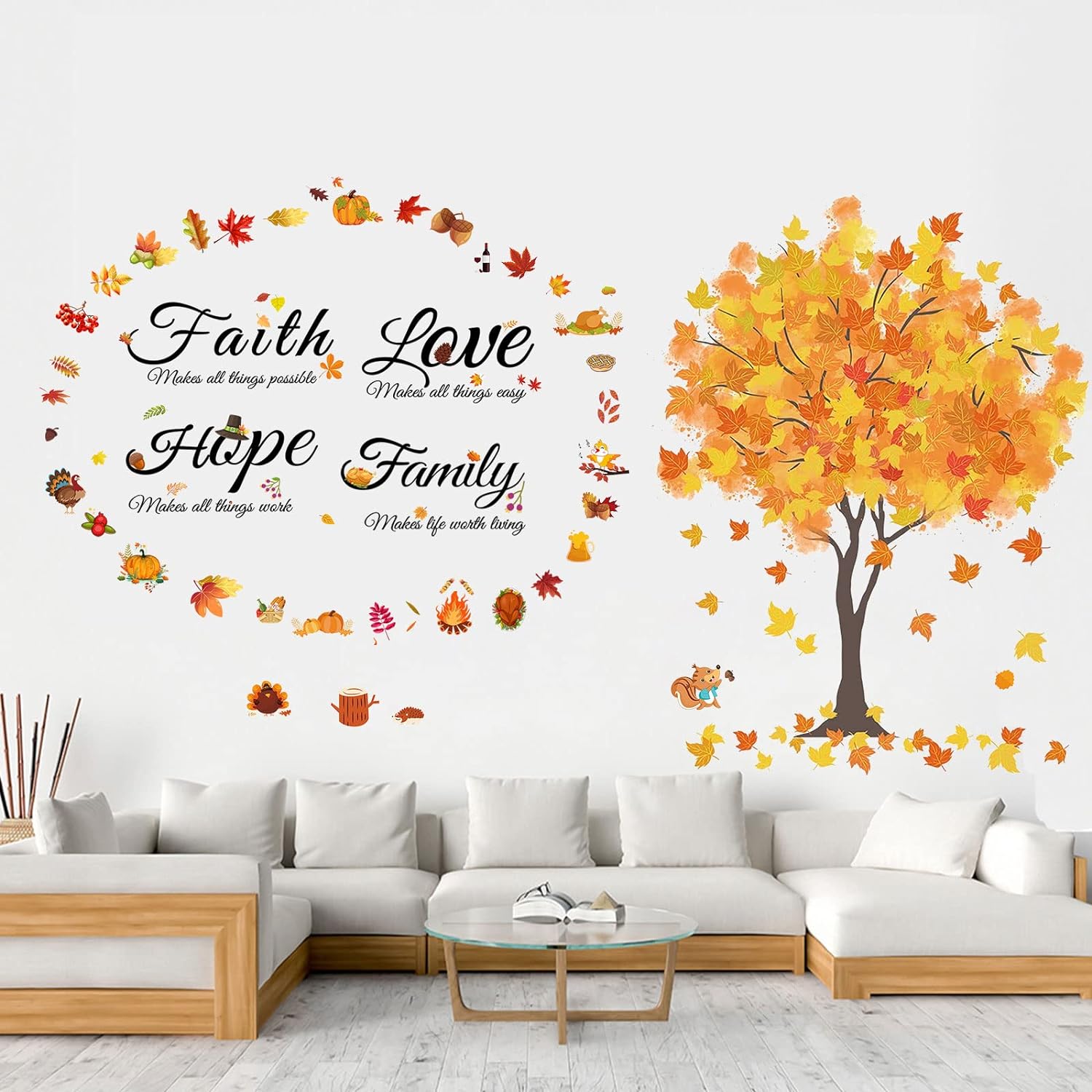 Autumn Maple Leaves Vinyl Wall Decals Inspirational Quotes Wall Stickers Motivational Family Sayings Decals Fall Decor for Kitchen Living Room Home