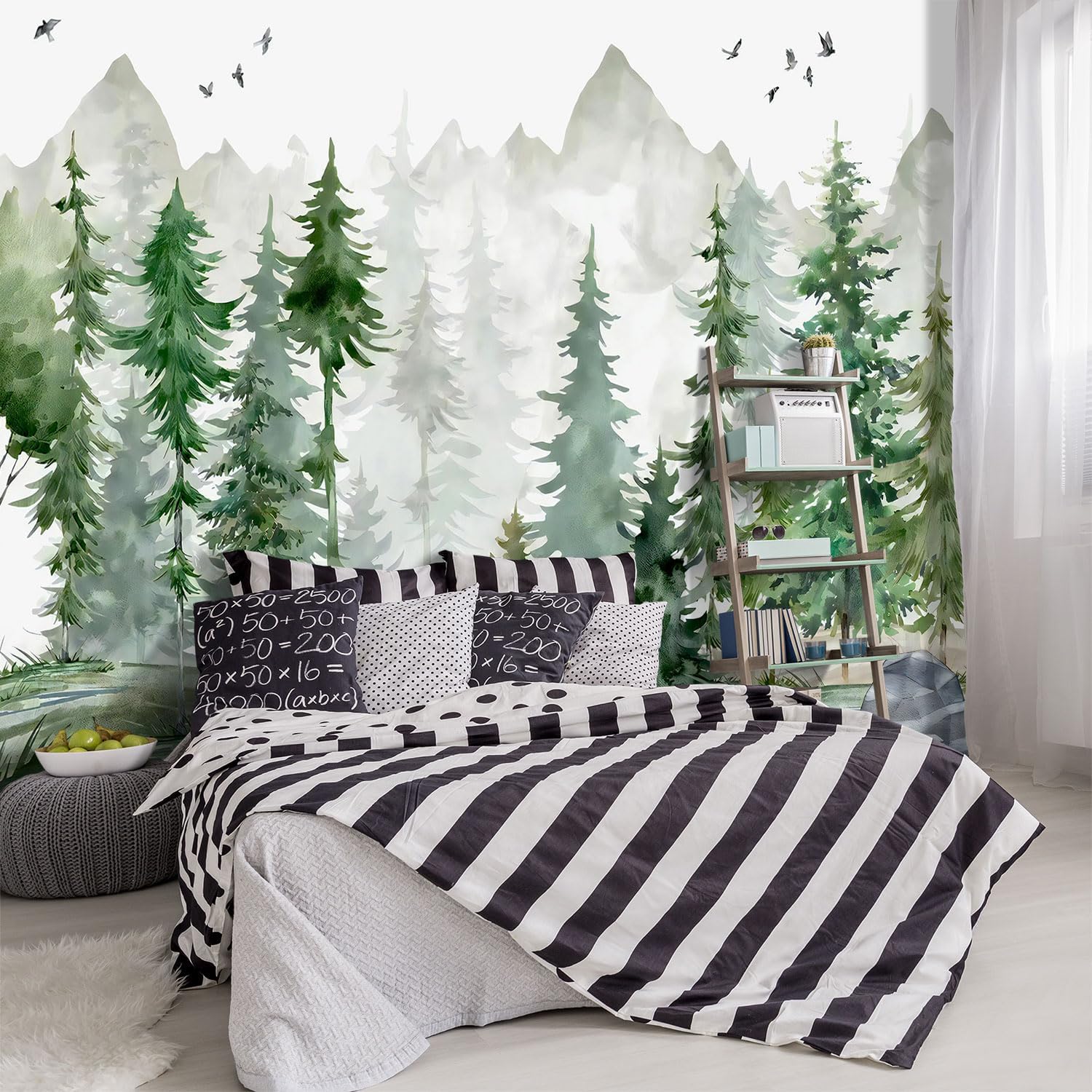 -Green Cartoon Pine Forest Nursery Fabric Wallpaper for Boys and Girls Children's Bedroom Living Room Woodland Plants Large Wall Mural- 91"x65"（ not Peel and Stick）