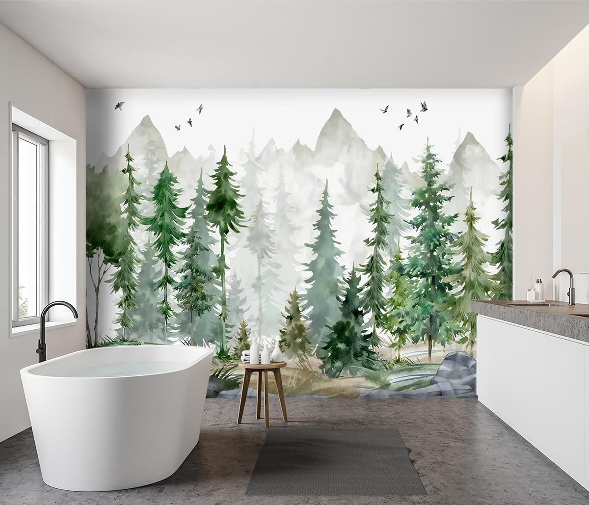 -Green Cartoon Pine Forest Nursery Fabric Wallpaper for Boys and Girls Children's Bedroom Living Room Woodland Plants Large Wall Mural- 91"x65"（ not Peel and Stick）