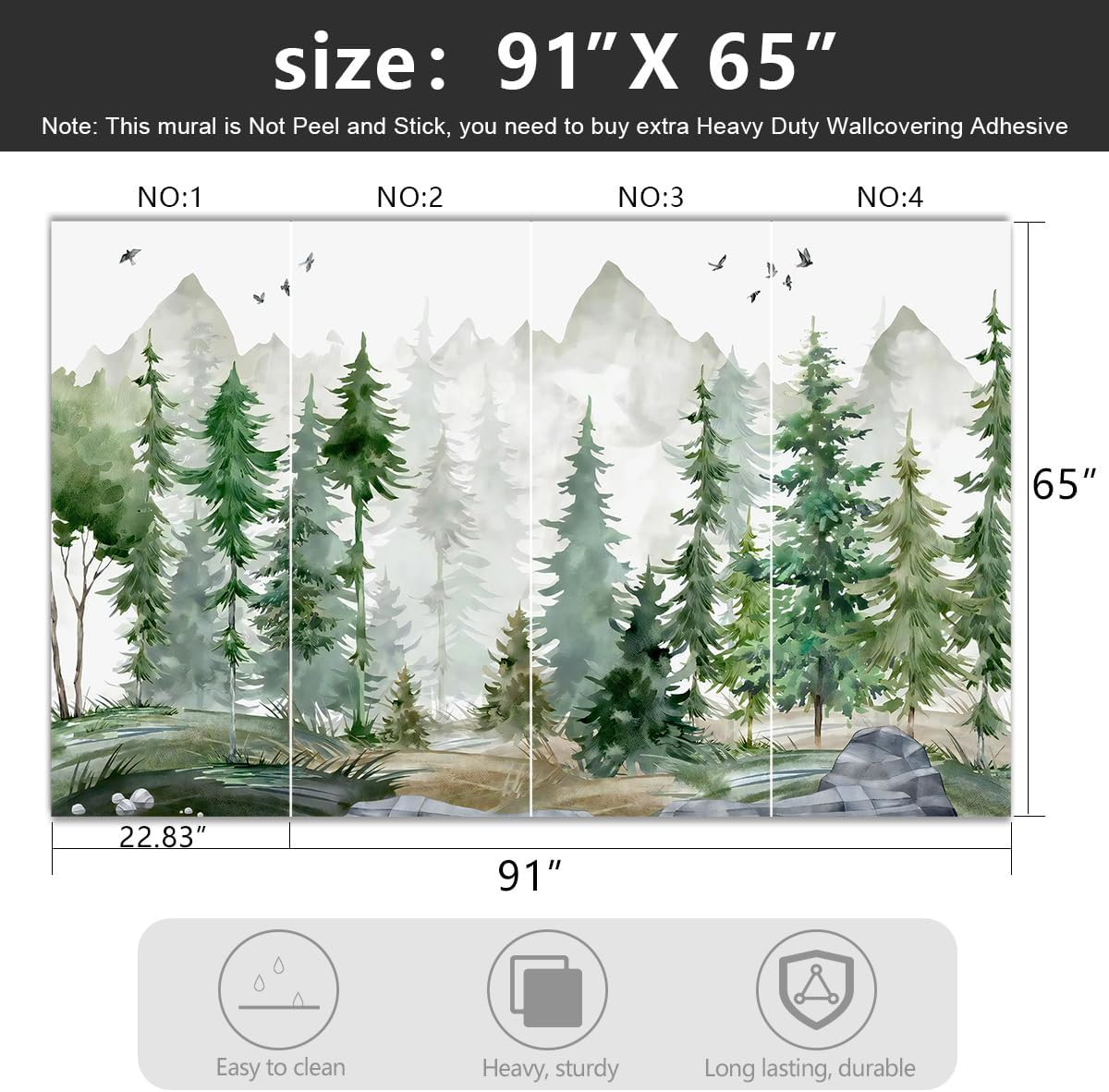-Green Cartoon Pine Forest Nursery Fabric Wallpaper for Boys and Girls Children's Bedroom Living Room Woodland Plants Large Wall Mural- 91"x65"（ not Peel and Stick）