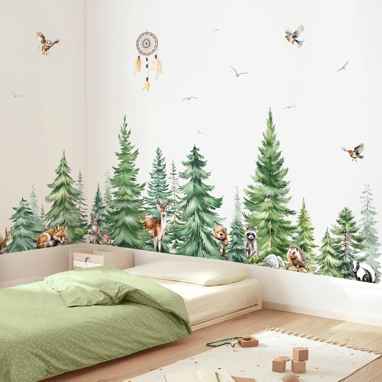 Large Watercolor Pine Tree Animals Wall Stickers Woodland Forest Tree Fox Deer Bear Wall Decals Baby Nursery Bedroom Living Room Wall Decor