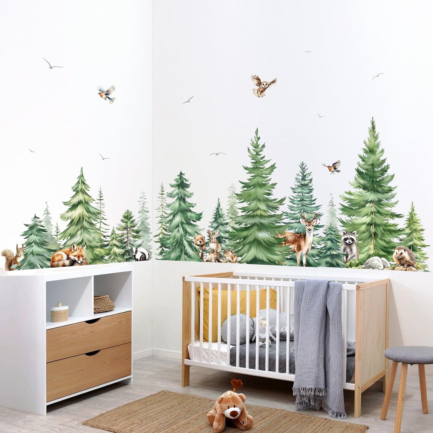 Large Watercolor Pine Tree Animals Wall Stickers Woodland Forest Tree Fox Deer Bear Wall Decals Baby Nursery Bedroom Living Room Wall Decor