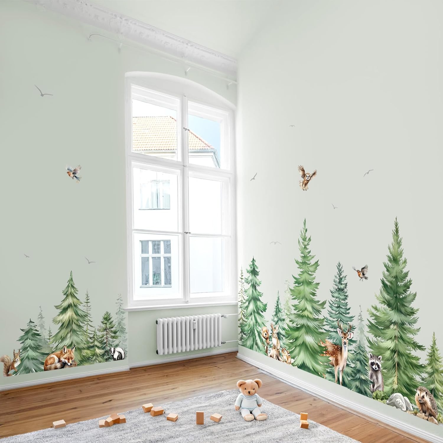 Large Watercolor Pine Tree Animals Wall Stickers Woodland Forest Tree Fox Deer Bear Wall Decals Baby Nursery Bedroom Living Room Wall Decor