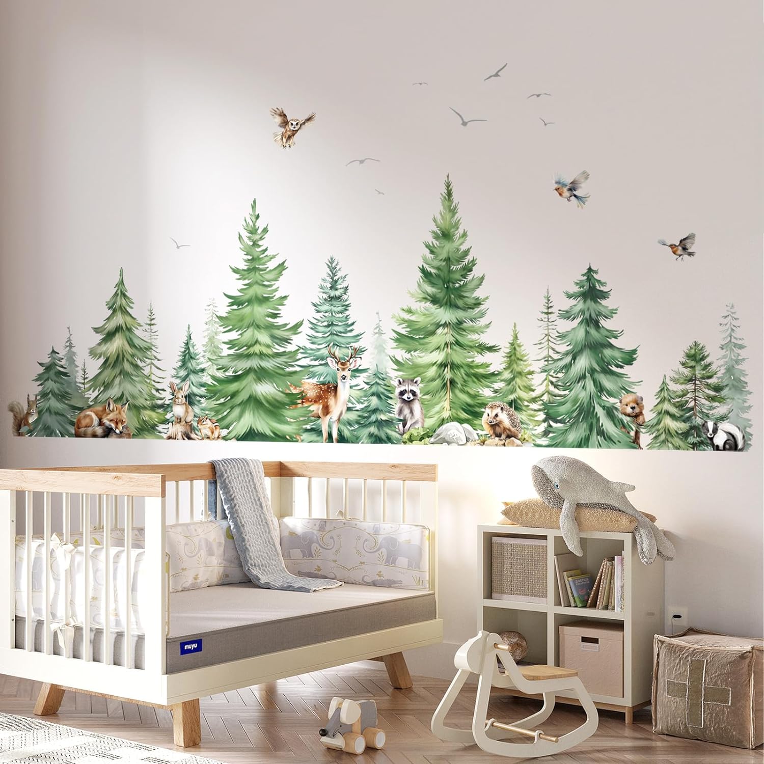 Large Watercolor Pine Tree Animals Wall Stickers Woodland Forest Tree Fox Deer Bear Wall Decals Baby Nursery Bedroom Living Room Wall Decor