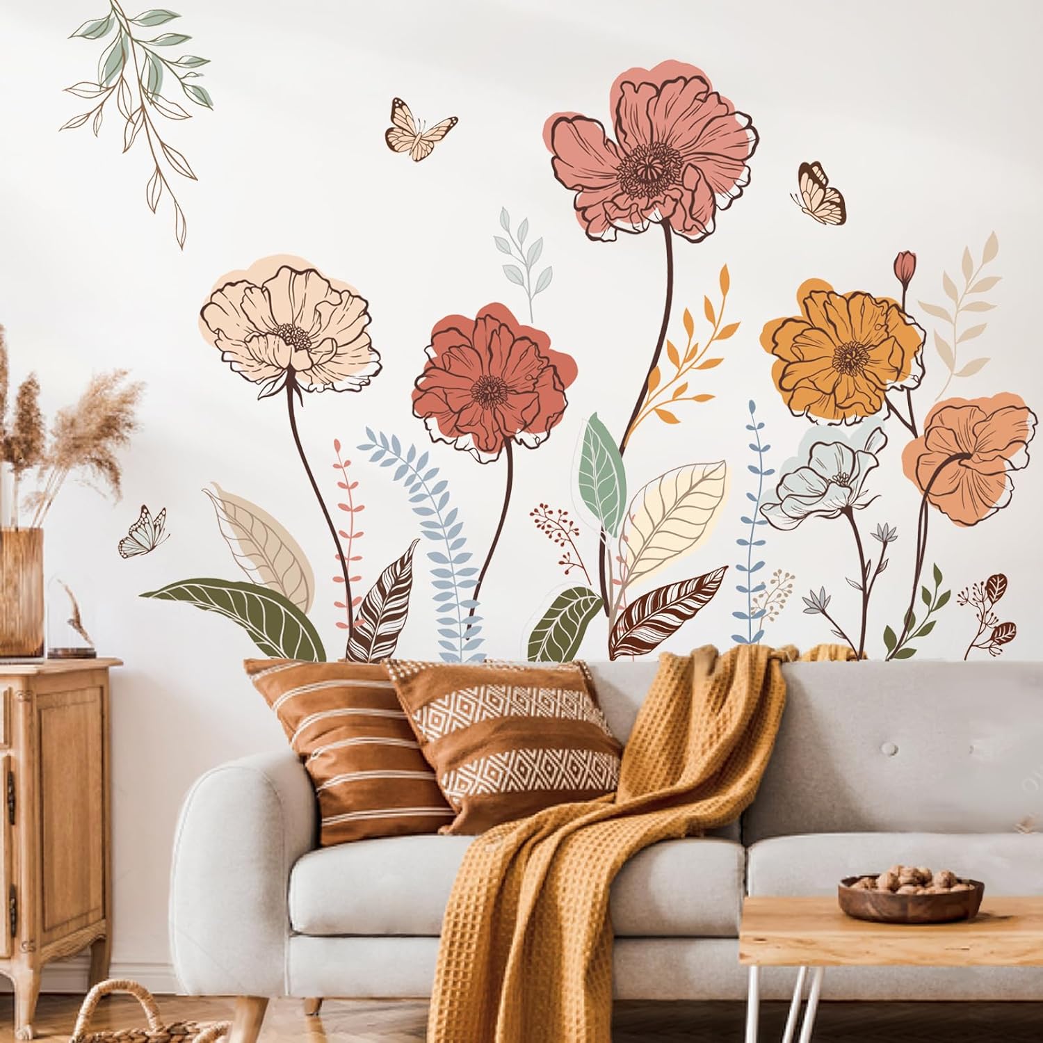 Boho Flower Wall Stickers Wildflower Floral Grass Peel and Stick Wall Art Decals for Living Room Bedroom TV Wal