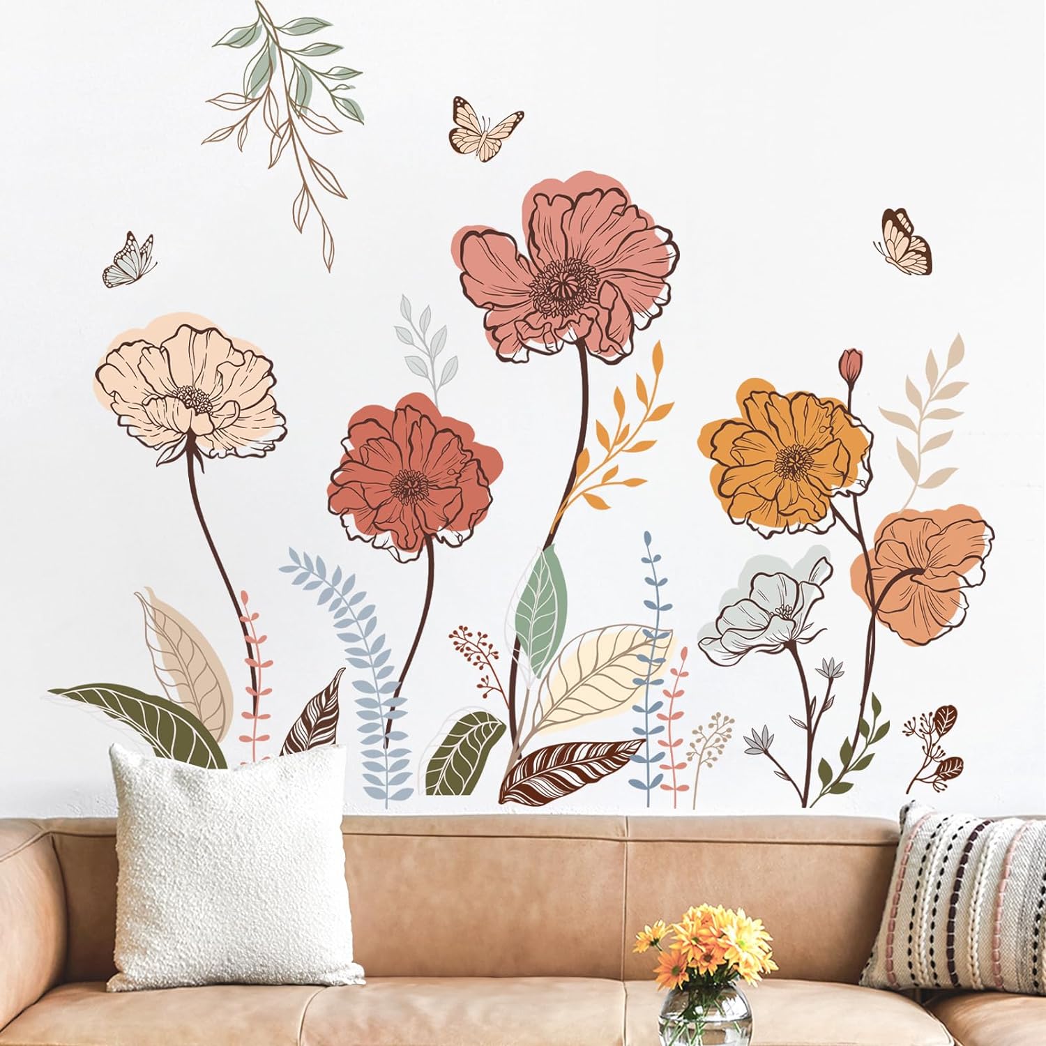 Boho Flower Wall Stickers Wildflower Floral Grass Peel and Stick Wall Art Decals for Living Room Bedroom TV Wal