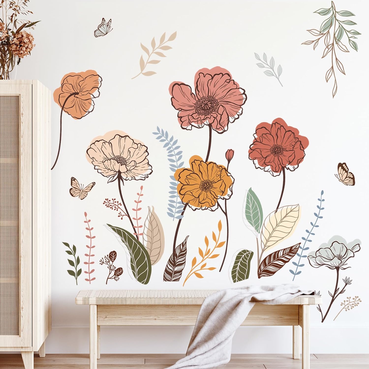 Boho Flower Wall Stickers Wildflower Floral Grass Peel and Stick Wall Art Decals for Living Room Bedroom TV Wal