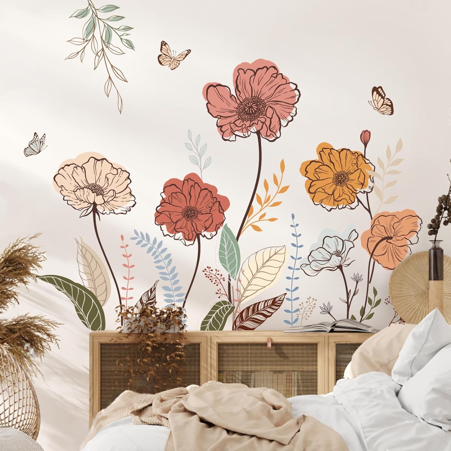Boho Flower Wall Stickers Wildflower Floral Grass Peel and Stick Wall Art Decals for Living Room Bedroom TV Wal