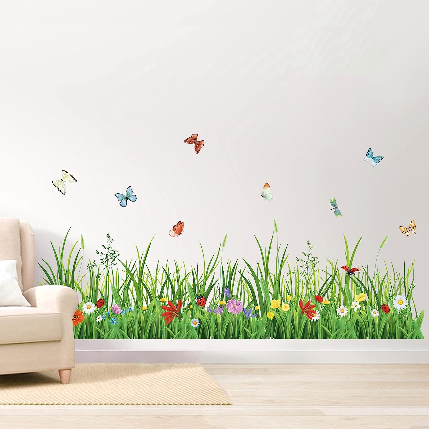 wondever Green Grass Wall Corner Stickers Flowers Butterflies Baseboard Skirting Line Wall Decals for Bedroom Living Room (W:52 inches)