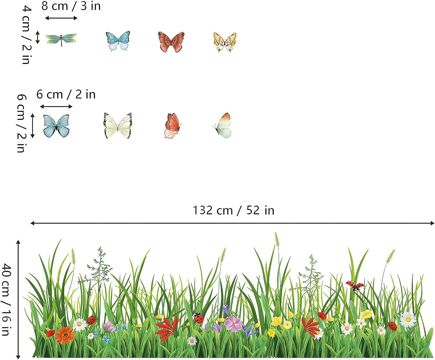wondever Green Grass Wall Corner Stickers Flowers Butterflies Baseboard Skirting Line Wall Decals for Bedroom Living Room (W:52 inches)