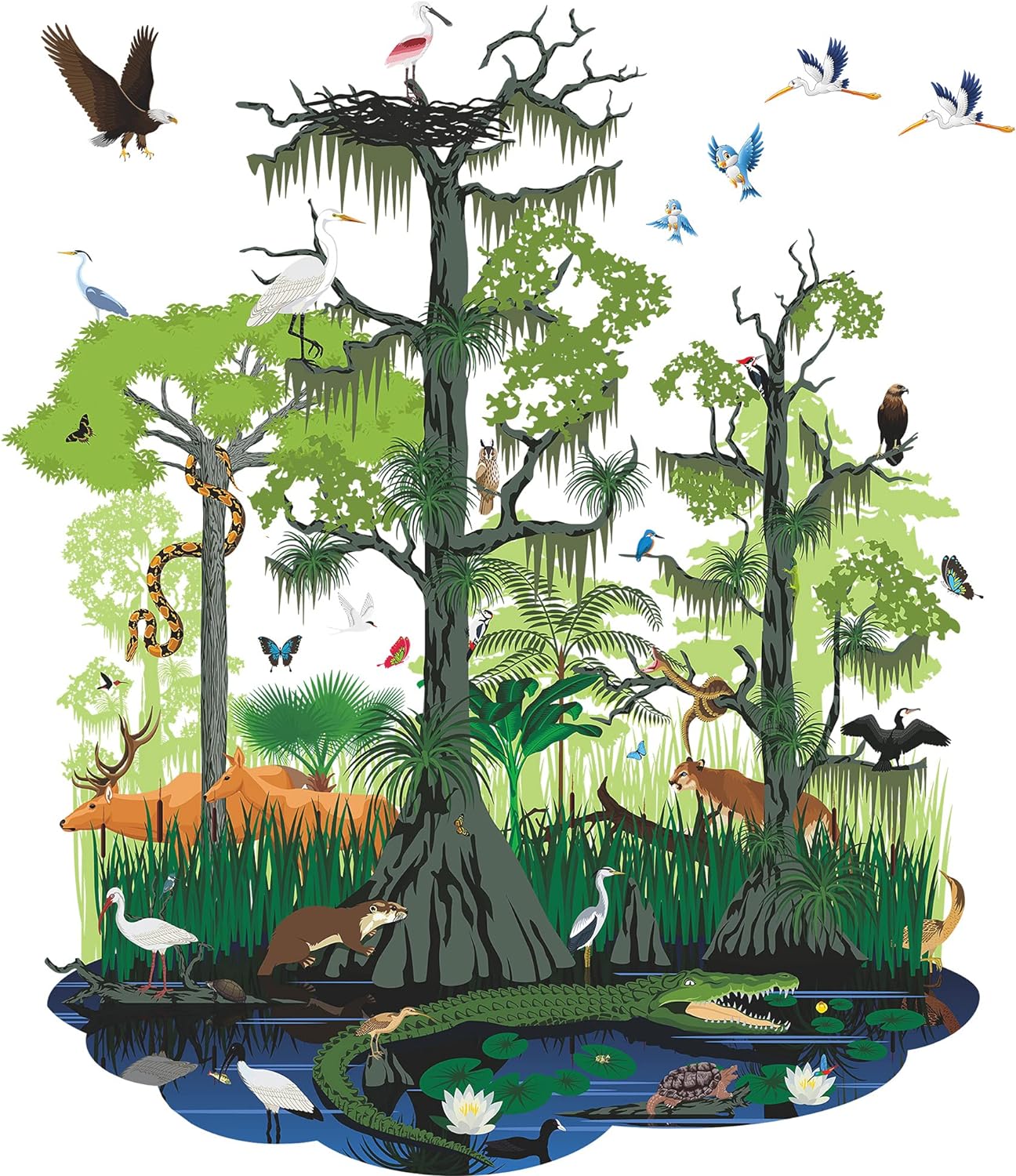 Amaonm Creative 3D Natural Wild Forest Tree Wall Decals Animals Crocodile, Bird, Pond, Snake, Lotus, Deer, Grass Peel and Stick Art Decor Wall Stickers for Kids Babys Bedroom Playroom Bathroom